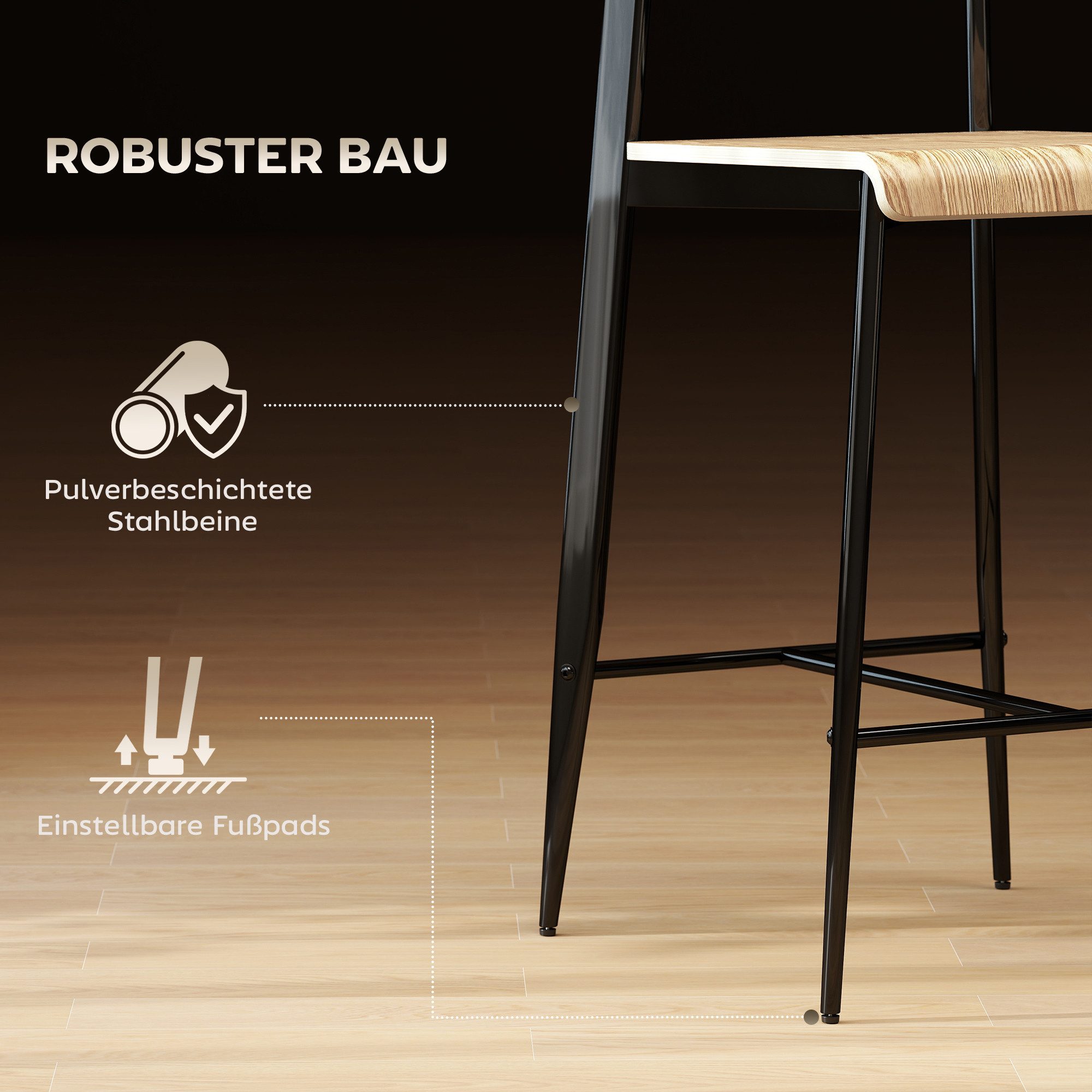 HOMCOM Barhocker Tresenhocker mit Fußstütze, Metallgestell, Sitzhöhe 66 cm (Küchenstuhl, 2 St., 2er Set Barstuhl), einfache Montage, Industrie-Design Naturholz+ – Bild 5 von 5