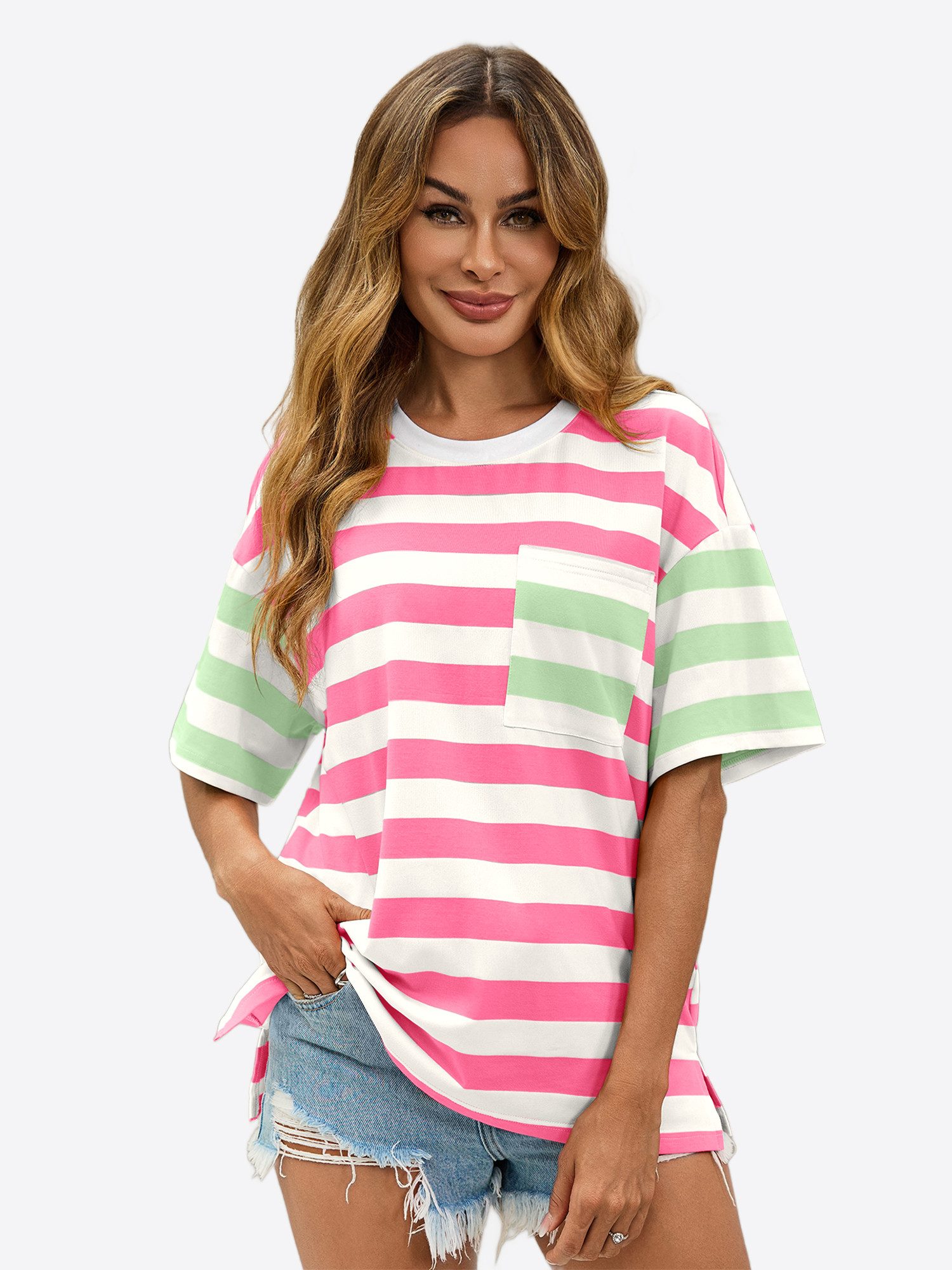 Imily Bela T-Shirt Damen Bluse mit Streifen und Farbblöcken (Packung, 1-tlg., 1per-Pack) Brusttasche