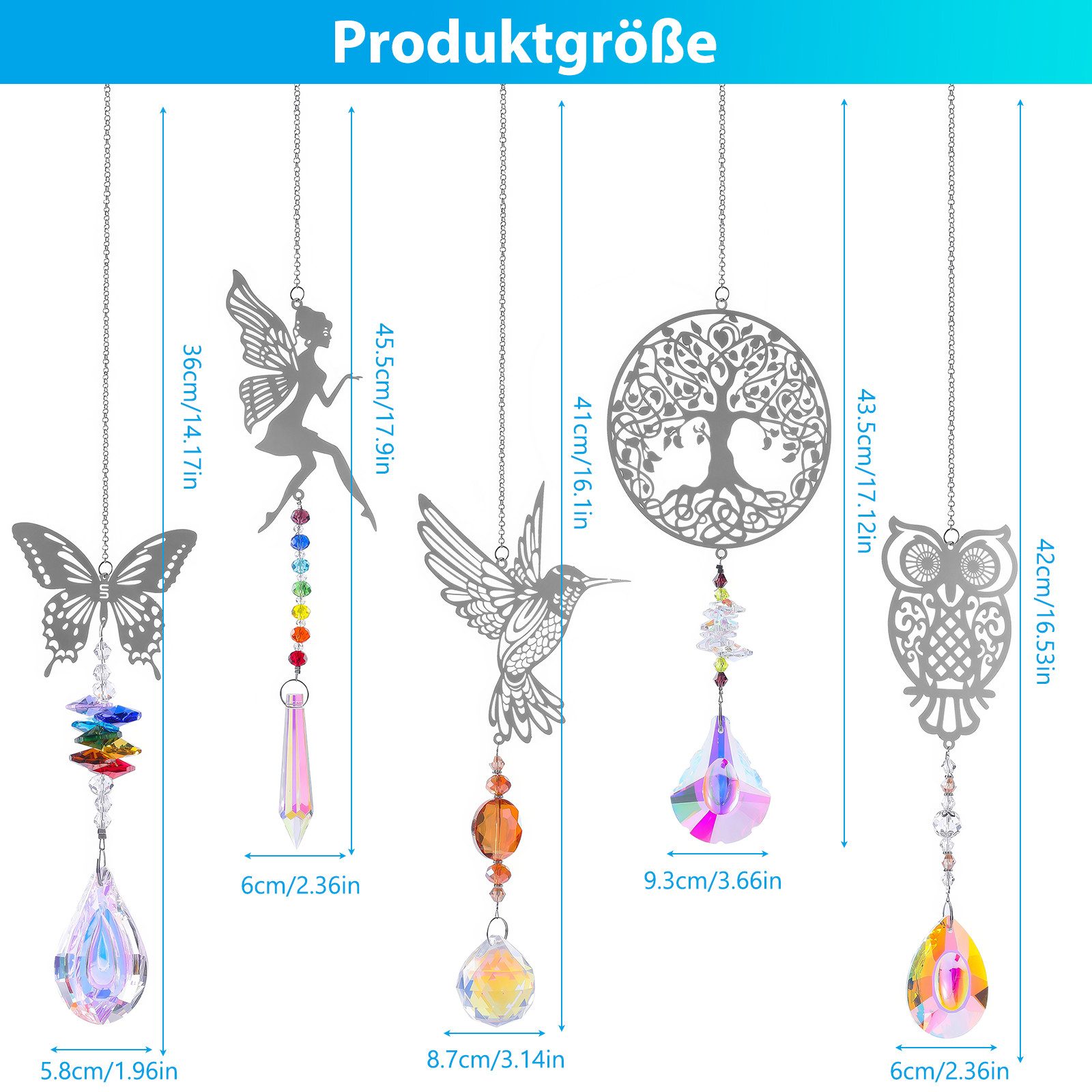 BlingBin Fensterdekoration Sonnenfänger Kristall Windspiele Kristall Fensterdeko, 5 Stück Baum Eulen Kolibri Schmetterling Fee Anhänger – Bild 4 von 5