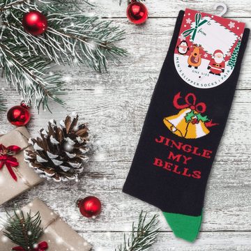 BRUBAKER Socken Herren Weihnachtssocken, Lustige Socken mit Weihnachtsmotiven EU41-45 (Jingle My Bells - Glocken, 1-Paar, Männer Crew Socks Geschenk Weihnachten) Bunte Kuschelsocken für Weihnachtszeit Baumwolle