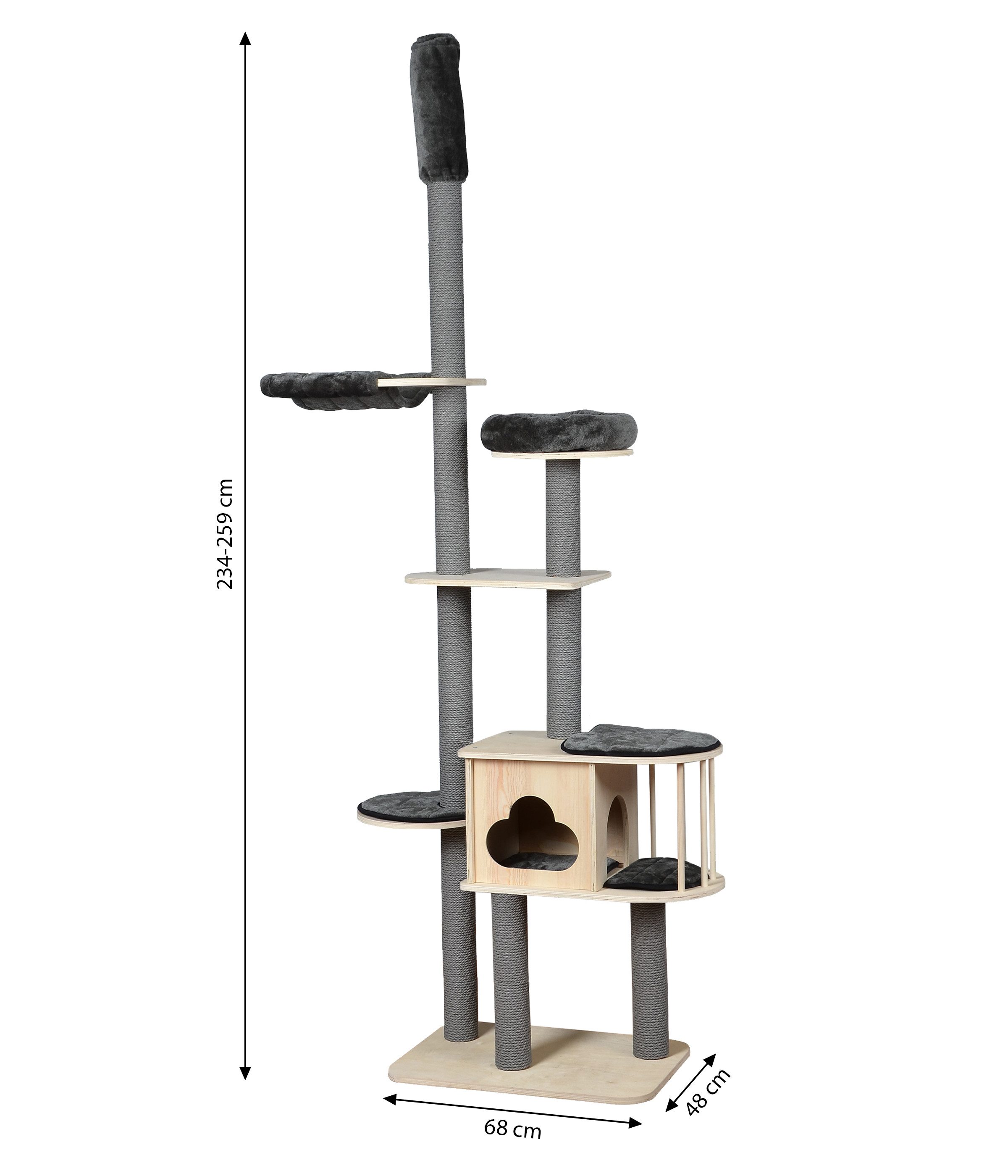 Dehner Kratzbaum Bombay für Katzen, ca.68 x 234-259 x 48 cm, braun/grau, höhenverstellbar, Plüsch / Spanplatte / Papier