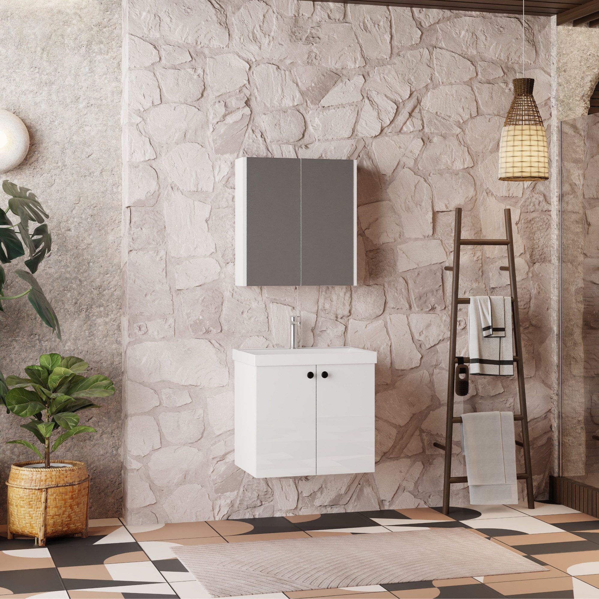 Karen Badmöbel-Set Badmöbel Set Mimoza, (Komplett-Set, Standartmäßig 3-Teilig (Unterschrank, Spiegelschrank, Waschbecken), 3-St., Der Lieferumfang umfasst Unterschrank, Spiegelschrank und Waschbecken), Weiße Hochglanzoptik, Knopfgriffe, Softclose