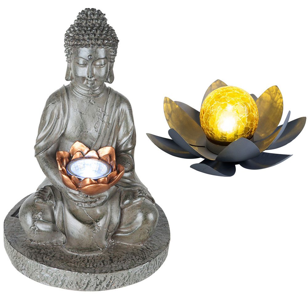 GLOBO LIGHTING LED Solarleuchte, LED-Leuchtmittel fest verbaut, Warmweiß, Solarleuchte Buddha Feng Shui Außen Solarblume Aussen Lotusblume Solar