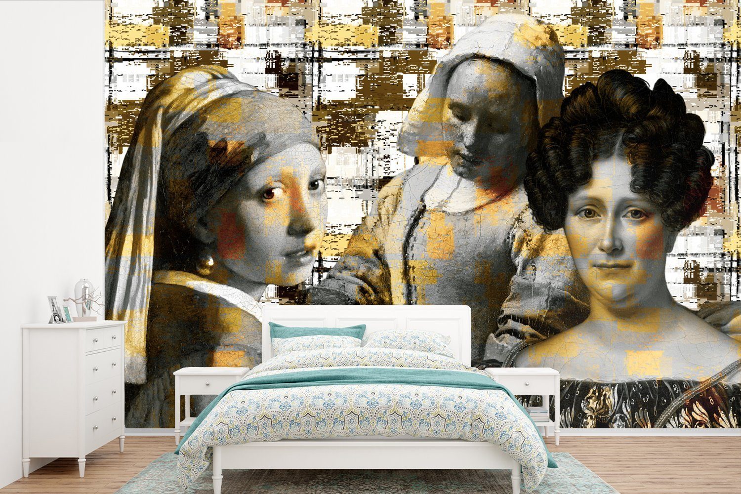 MuchoWow Fototapete Collage - Mondrian - Gold, Matt, bedruckt, (6 St), Wallpaper für Wohnzimmer, Schlafzimmer, Kinderzimmer, Vinyl Tapete