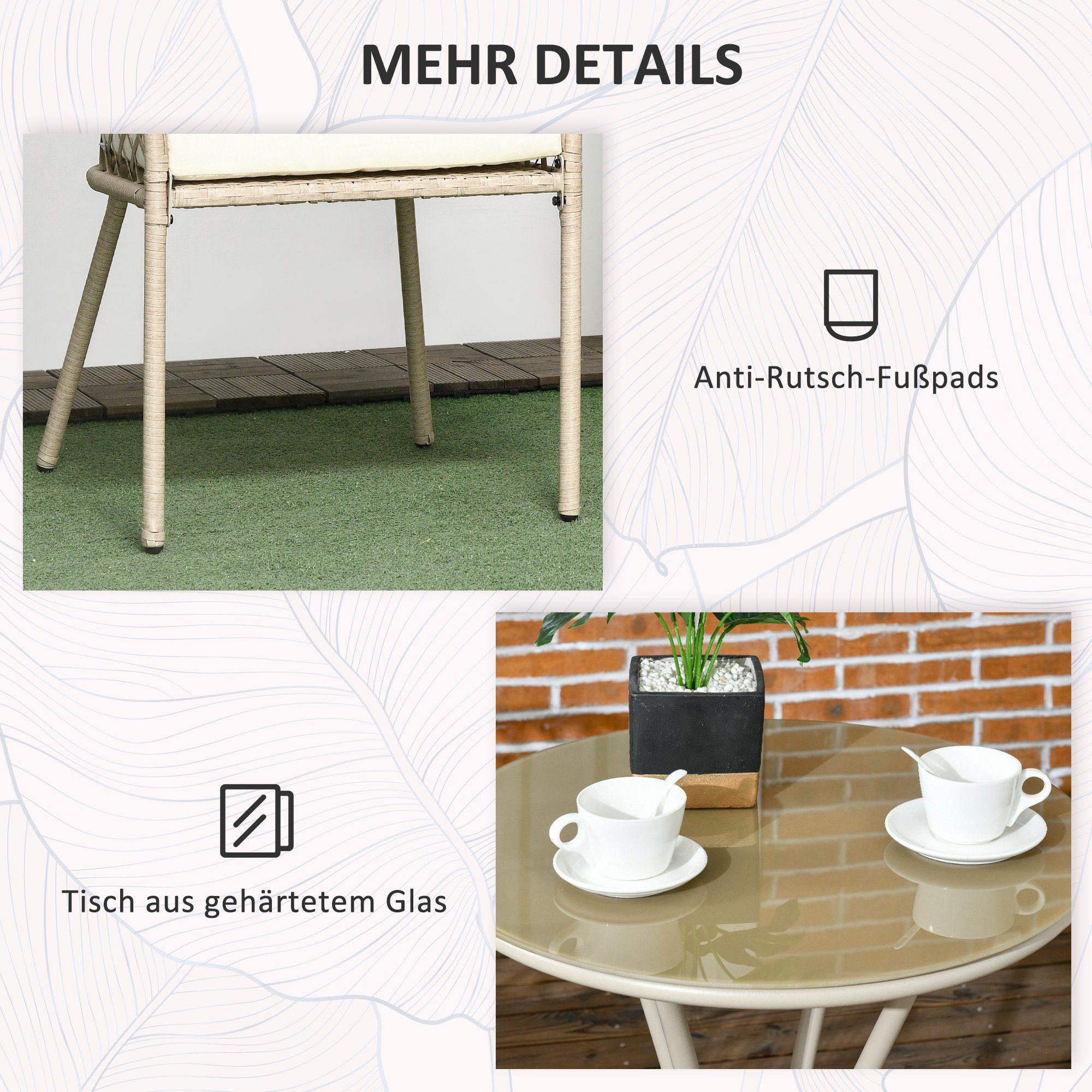 Outsunny Gartenlounge-Set Rattan Gartenmöbel-Set 3-tlg. Gartengarnitur mit Couchtisch, 2 Stühlen, (Balkonmöbel-Set, 3-tlg., Gartensitzgruppe), für Balkon, Terrasse, Khaki