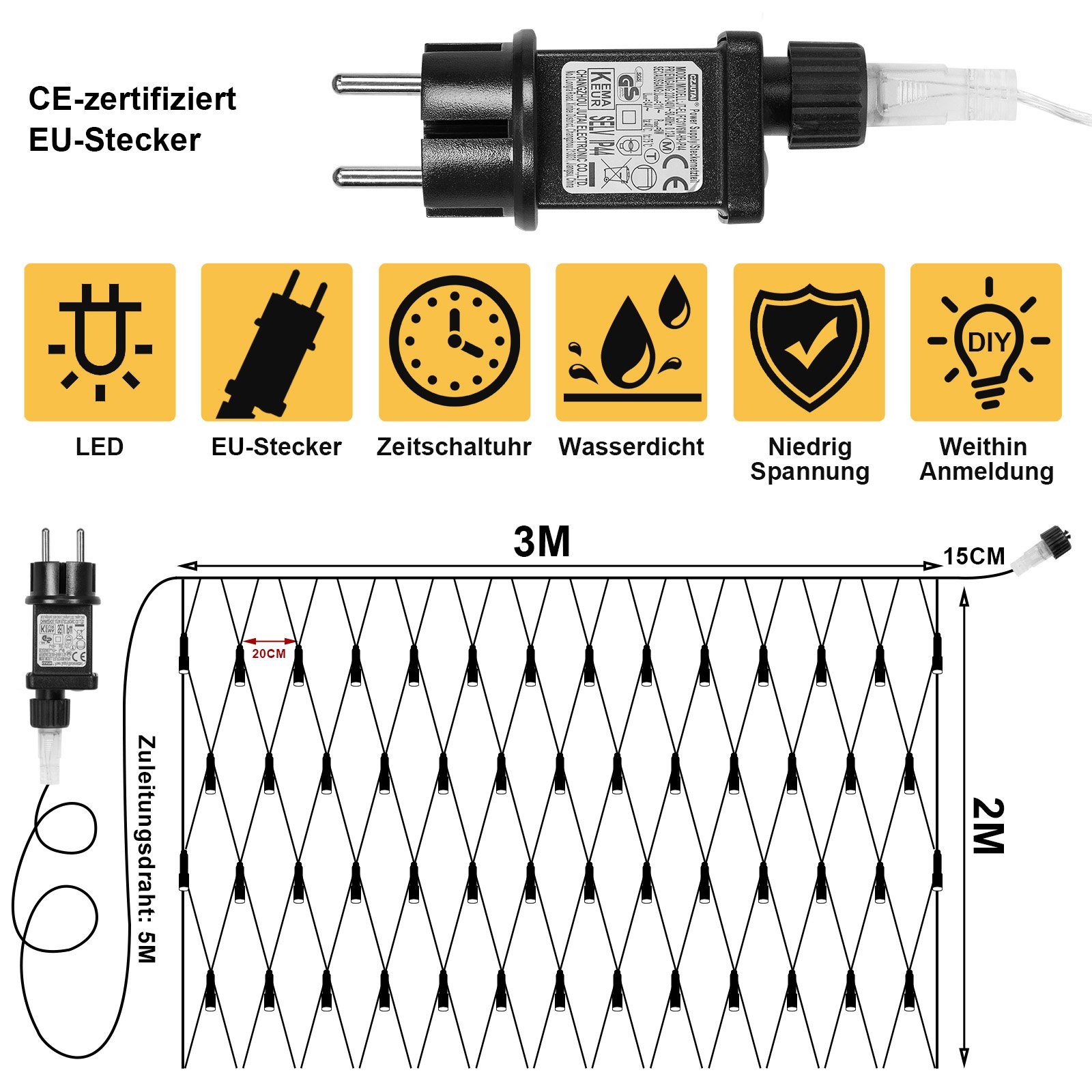 MUPOO LED-Lichternetz LED Lichternetz Warmweiß,6W 8 Modi Energiesparen;Timer-Funktion; Speicher-Funktion Modi 2 Lichteffekt; m, x Lichterkette,3 8 Energiesparen