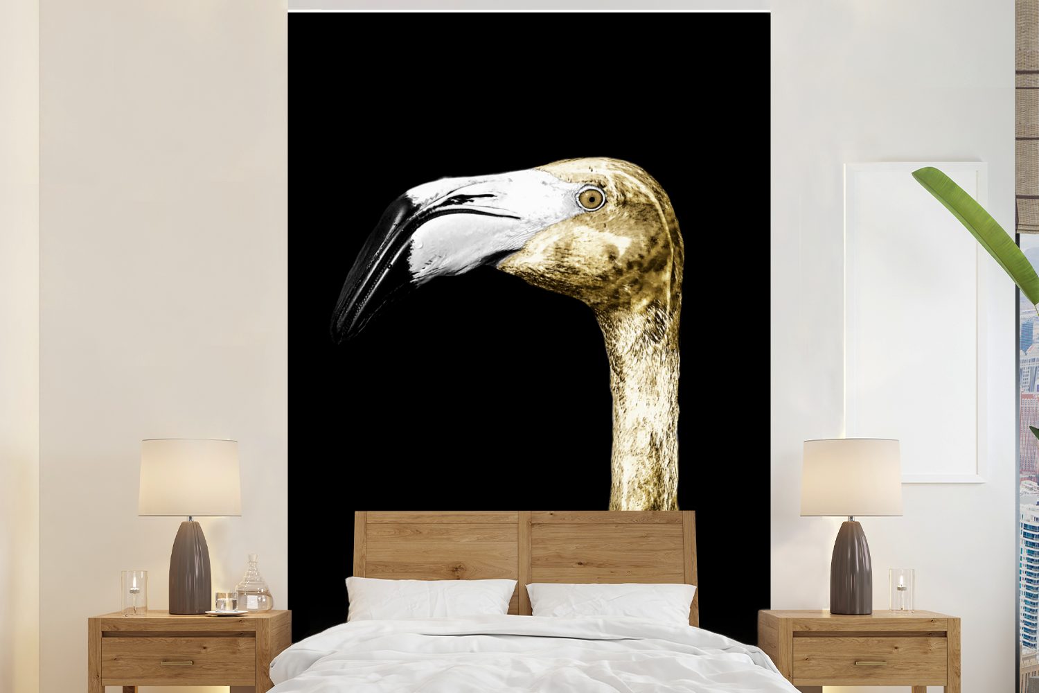 - MuchoWow Gold Montagefertig für bedruckt, Wohnzimmer, Wandtapete (3 - Tapete St), Vinyl Flamingo Matt, Porträt, Fototapete