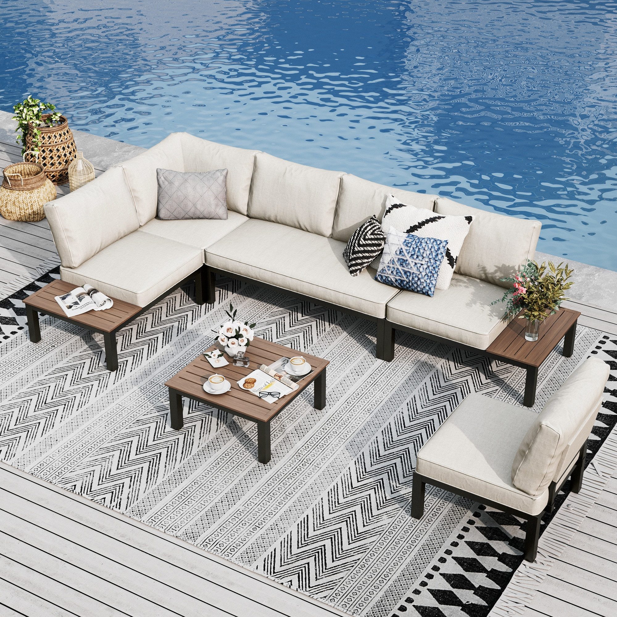 PHI VILLA Gartenlounge-Set, (Gartenmöbel Balkonmöbel mit Verstärkten Kissen und Kaffeetisch), Metall Lounge Möbel Outdoor Gartenlounge, Beige