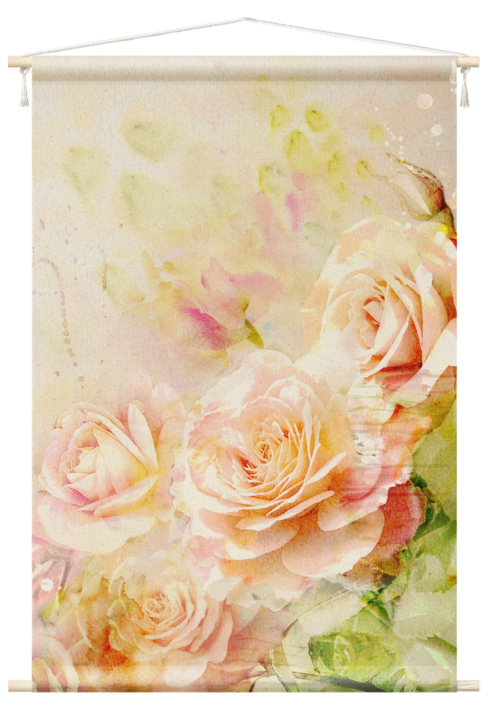 Bilderdepot24 Wandteppich modern Blumen Aquarell Rosen orange, rechteckig, Höhe: 2.6 mm, großes Wandbild aus Natur-Baumwolle Wandbehang Stoffbild Tuch Wollseil