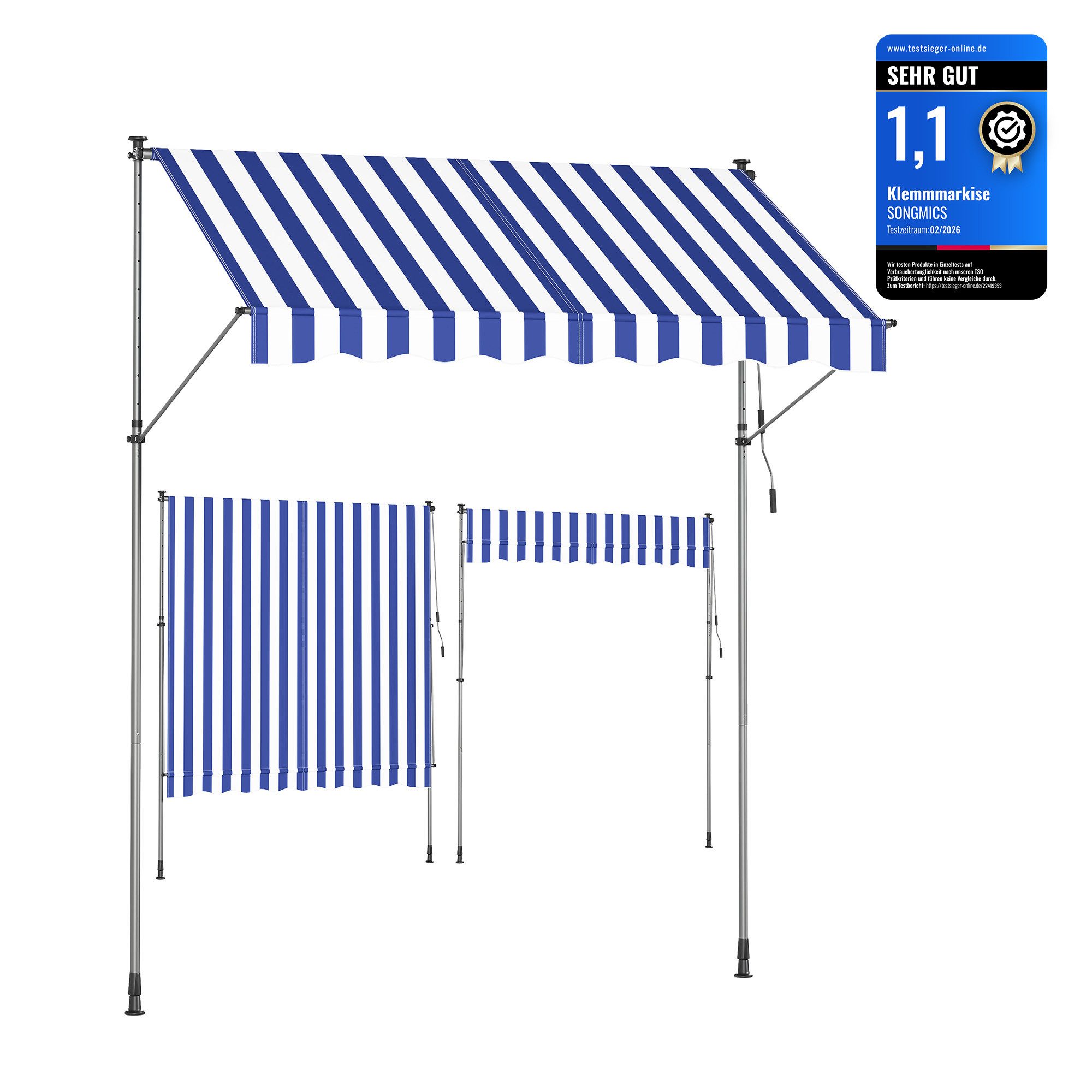 SONGMICS Klemmmarkise Balkonmarkise höhenverstellbar UV-Schutz wasserabweisend (ohne Bohren mit Handkurbel inkl. Zubehörpaket & Anleitung) Sonnenschutz, 250 x 120 x 220–300 cm (L x B x H)
