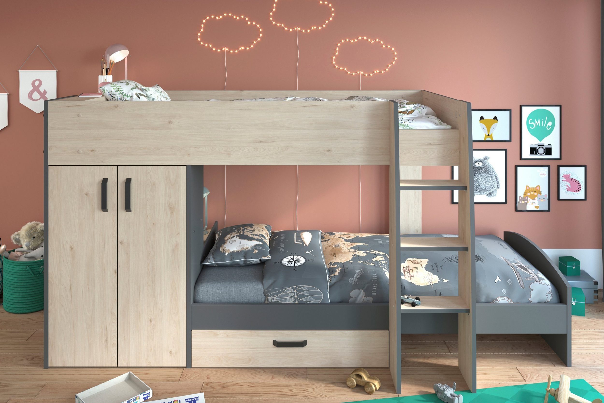 Parisot Hochbett Stim 2 (Top Angebot, 1-St., 2. Bett, Kleiderschrank und Bettschubkasten) Integrierte Kliederschrank, Bettschubkasten, 2. Bett Stauraum