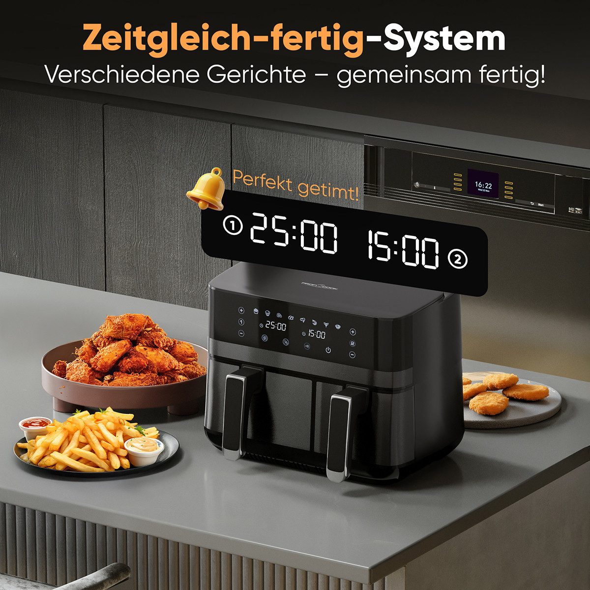 ProfiCook Heißluftfritteuse PC-FR 1295 H, Zeitgleich-fertig-System, 9L, 2 Kammern