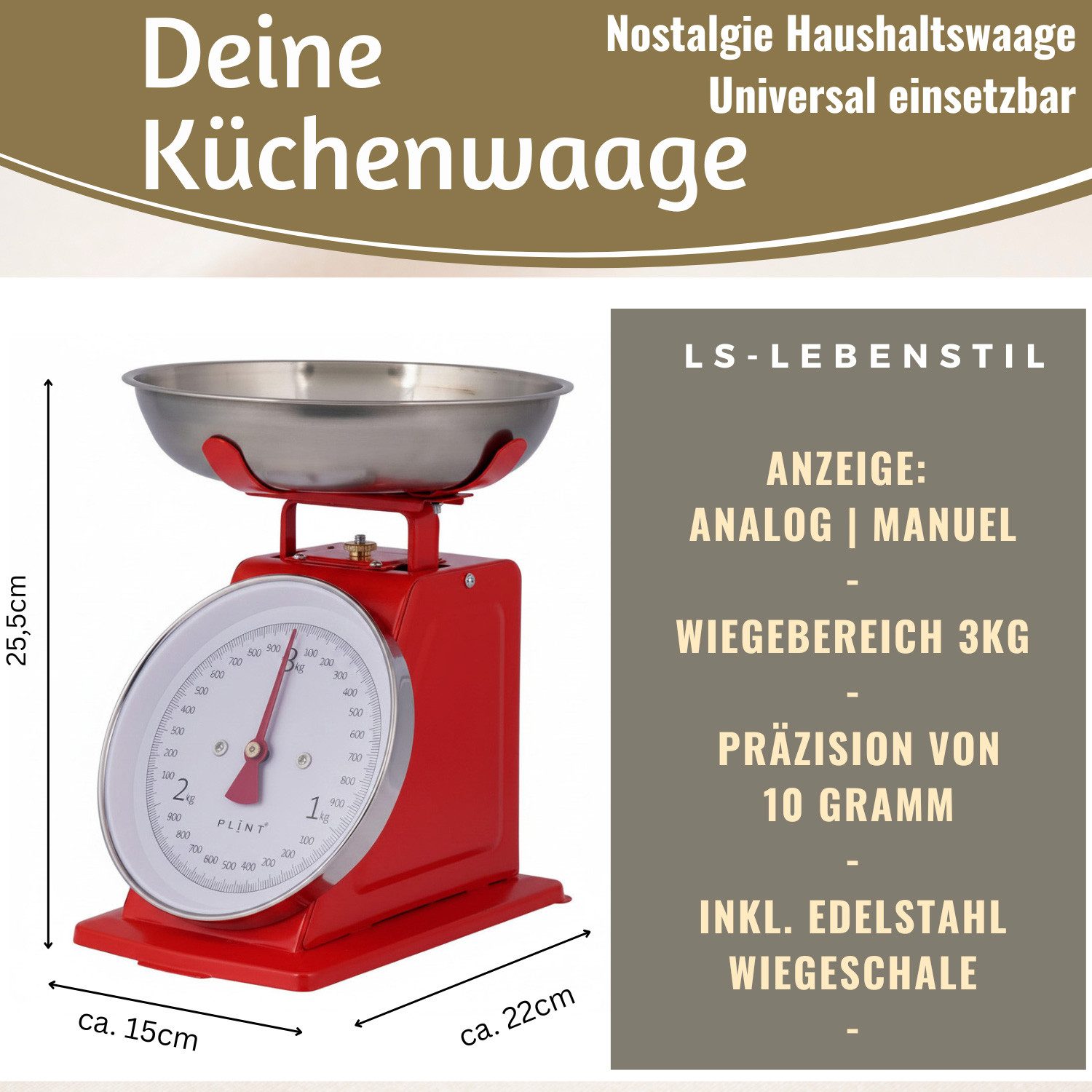 LS-LebenStil Küchenwaage Vintage Küchenwaage Retro Rot Manuelle Backwaage großes Ziffernblatt, (Manuelle Analoge Backwaage großes Ziffernblatt, 2-tlg., mit 1L Edelstahl Schüssel ohne Batterie / Strom Küche Waage), 3kg Skala mit großer Rührschüssel