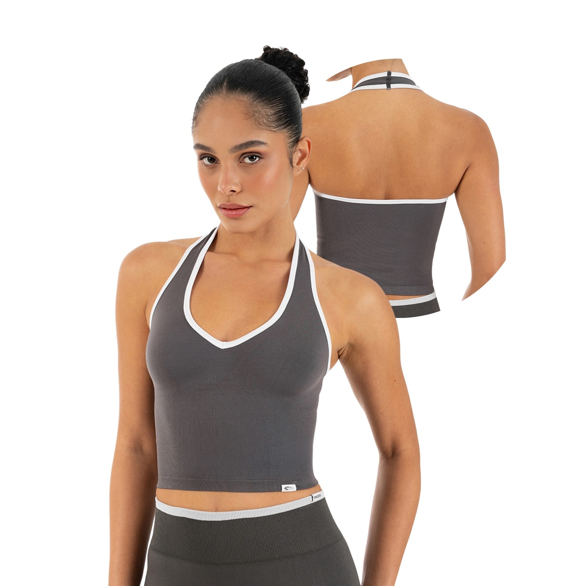 Smilodox Sport-BH Theda, Sport Top Damen Shaped Fit, Seamless, Gym & Freizeit Halterneck, V-Ausschnitt, Seamless, Stretch, Kontrastdetails