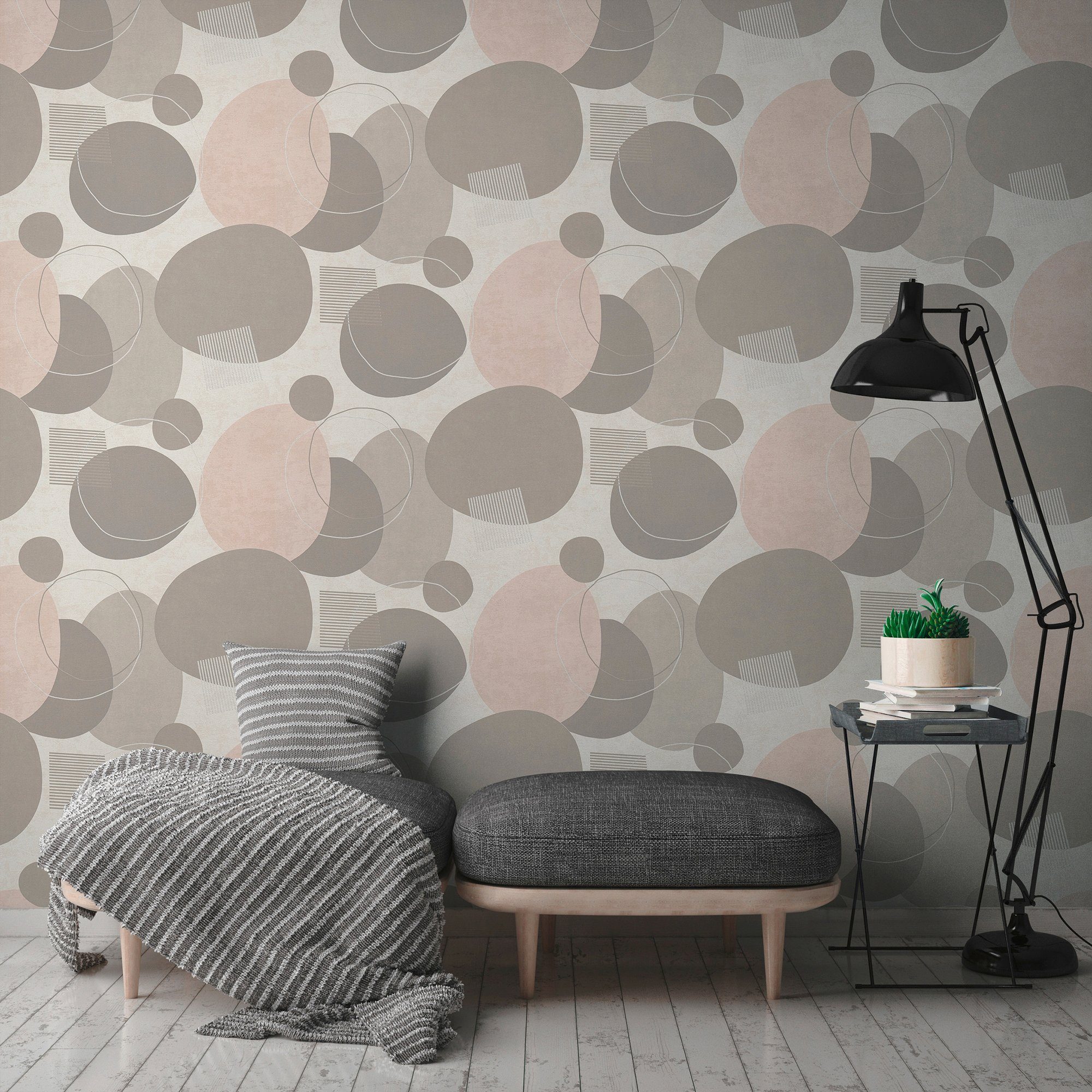 Effect, Vliestapete Motiv, beige/grau Kreise Design A.S. Geo gepunktet, Création Tapete Retro,