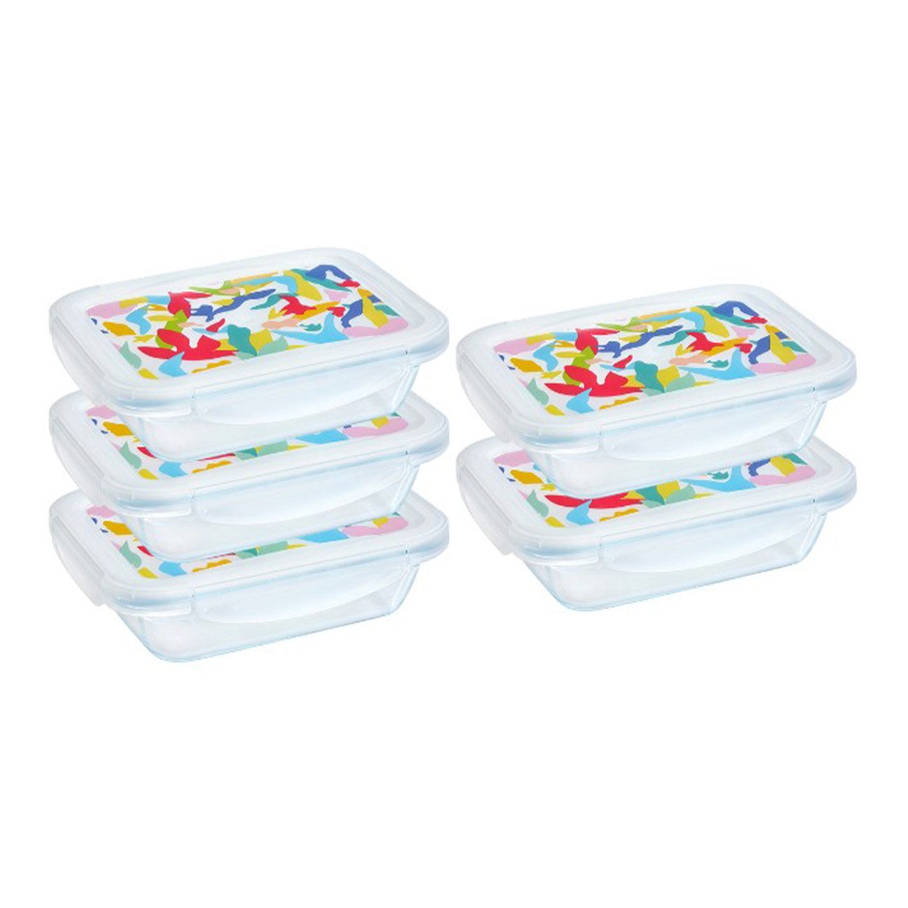 PYREX Frischhaltedose Pyrex Cook & Go Lunchbox mit Dekordeckel 5-teilig 0,8 l, (Set, 5-teilig, rechteckig, 0,8 l pro Box), bedruckter Deckel, Made in France, 100 % auslaufsicher