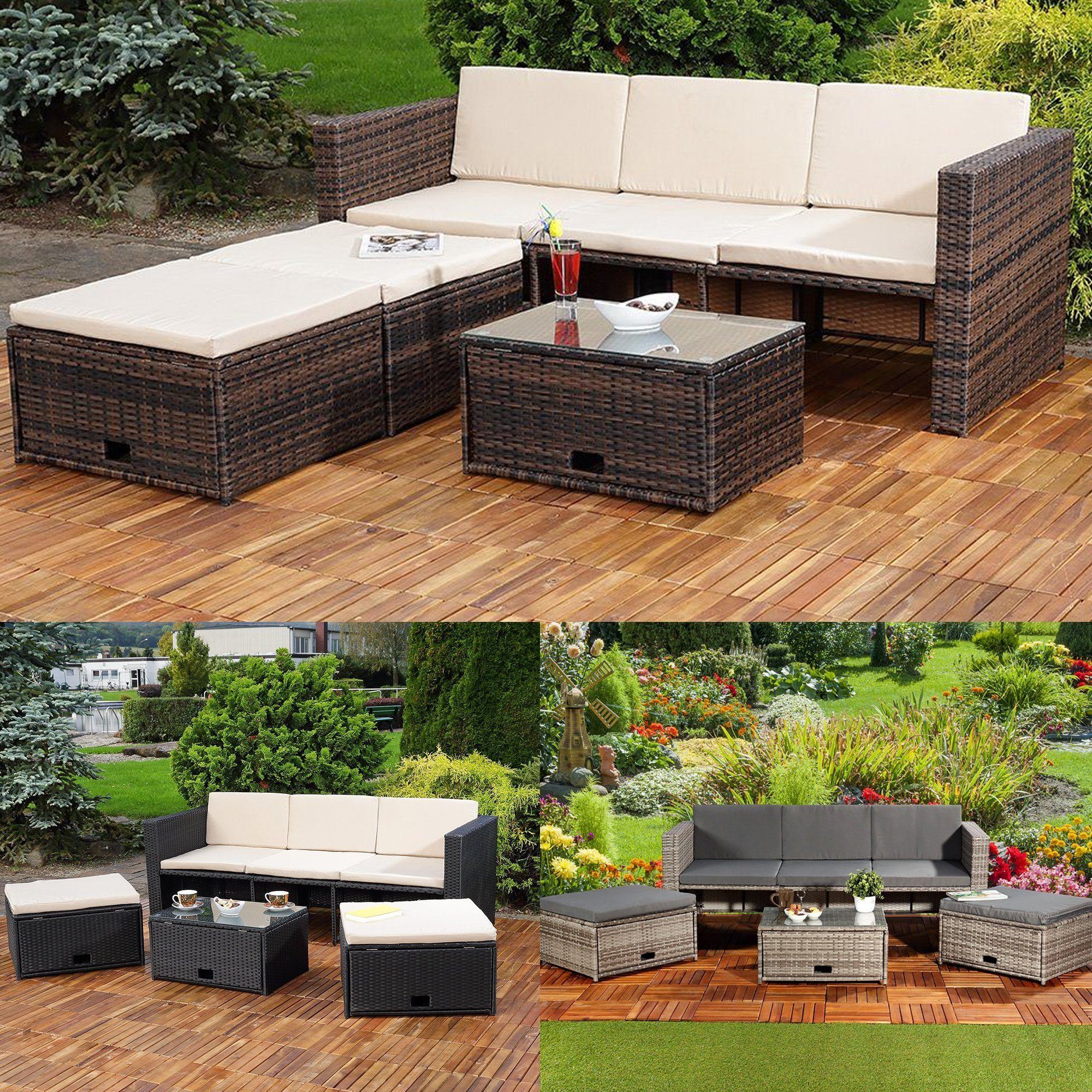 Gartenlounge-Set Gartenmöbel Sitzgruppe Rattanmöbel Set mit Tisch, Sitzbank & 2 Hocker in Schwarz, Grau oder Braun inkl. Sitz- und Rückenkissen Gartenset Lounge Polyrattan Rattanmöbel Sitzmöbel Sofa, (Set, 13-tlg), Hochwertige Flechtoptik