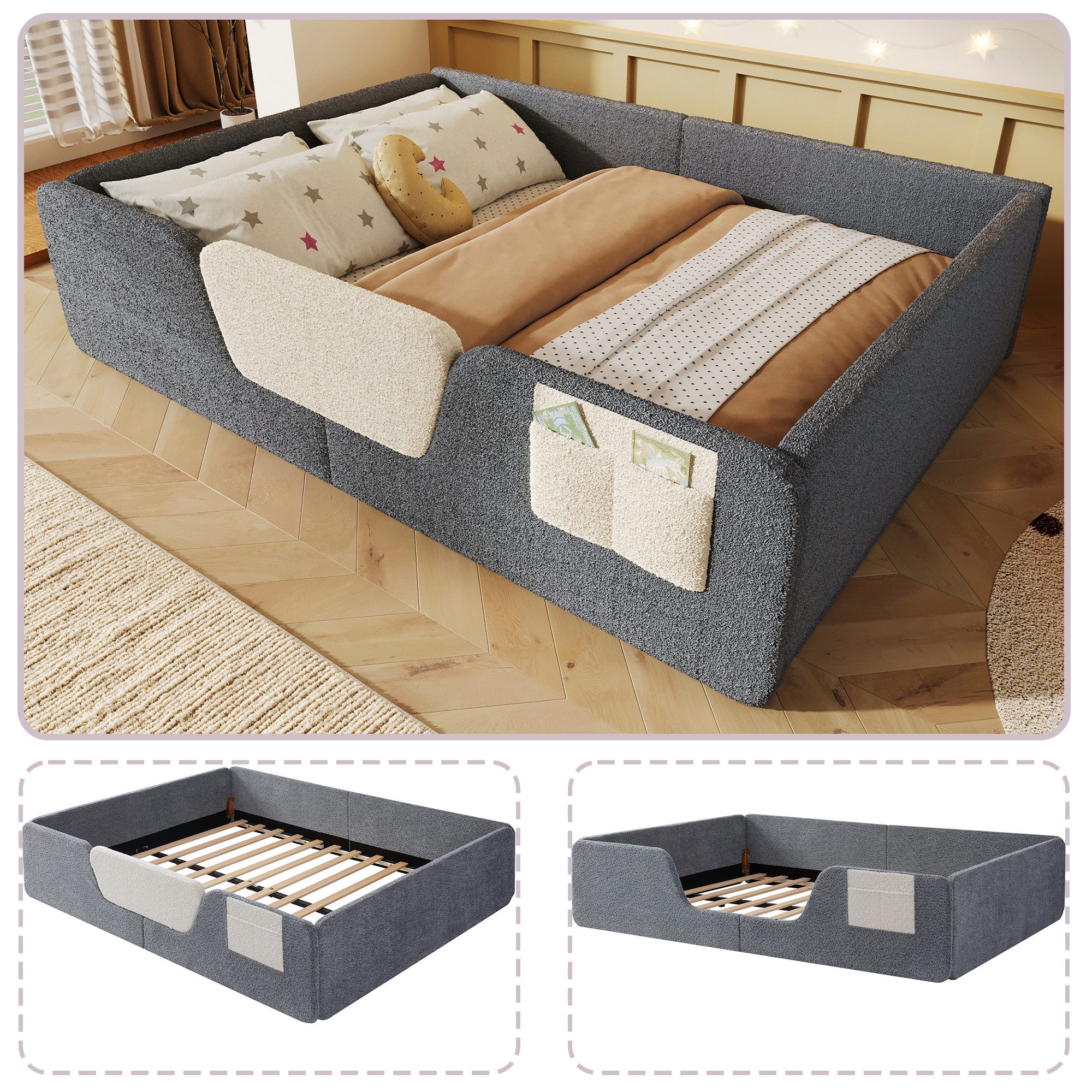 Merax Polsterbett 140x190cm mit abnehmbarer Sicherheitsleiste (Jugendbett Babybett Einzelbett, 1-tlg), Bodenbett Kinderbett mit Aufbewahrungstasche & Lattenrost – Bild 5 von 5