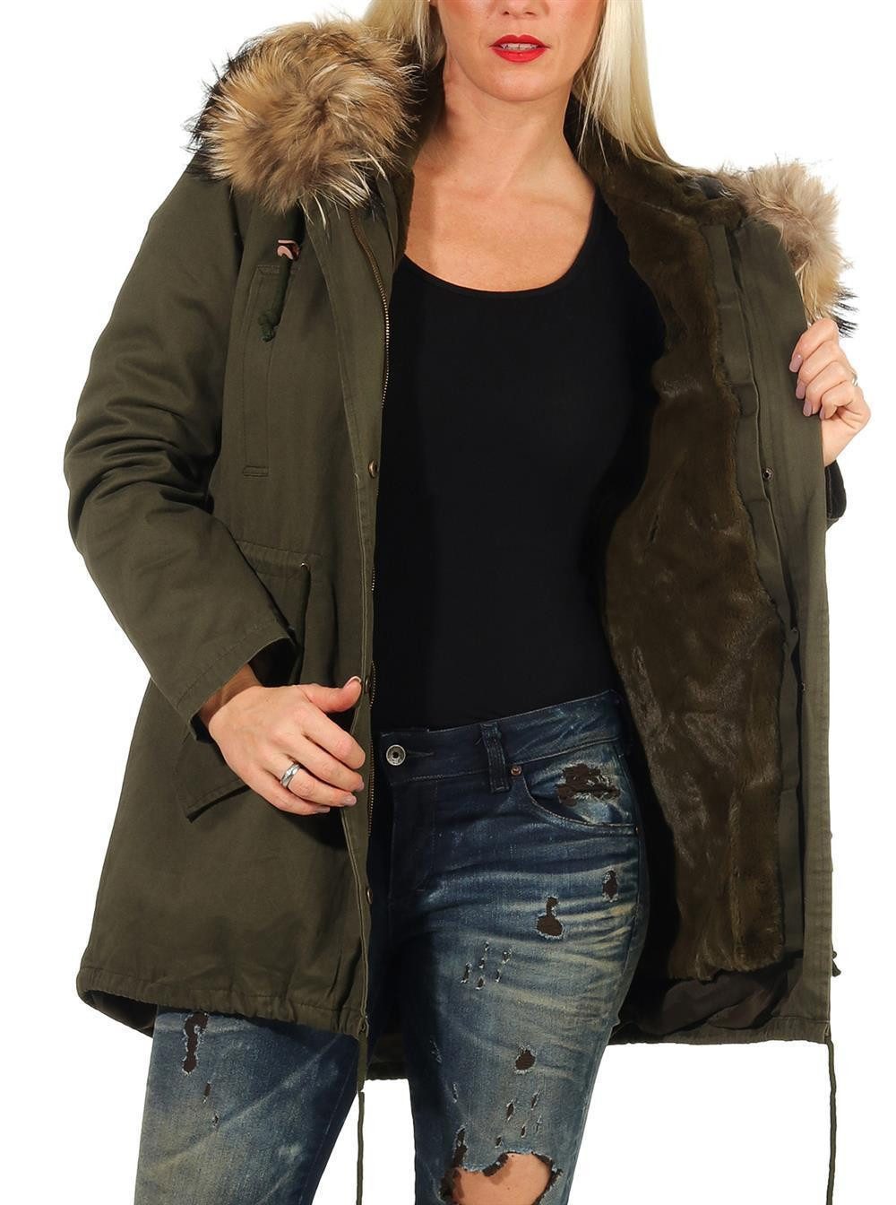 Winterjacke malito Damen Parka mit Kapuze, Winterjacke mit Echtfell-Kragen