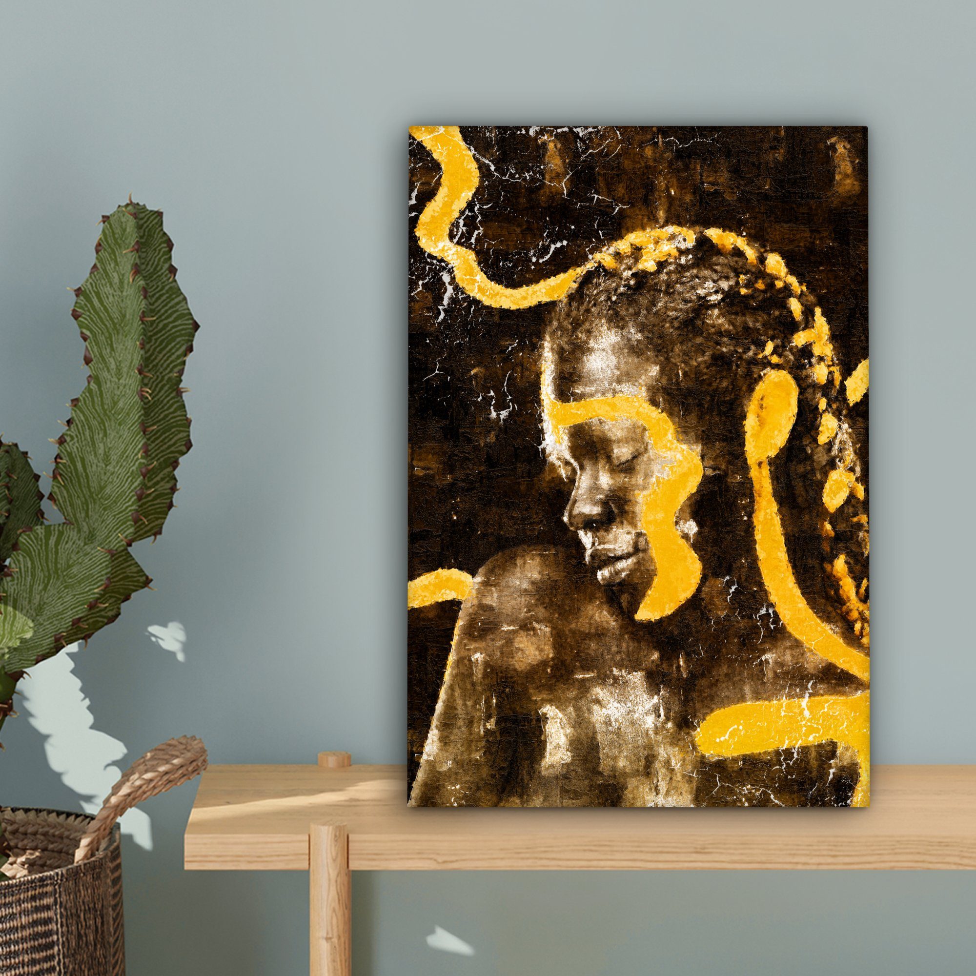 20x30 cm Zackenaufhänger, St), bespannt (1 Frau Schwarz Gold, - OneMillionCanvasses® - fertig inkl. Leinwandbild Leinwandbild Gemälde,