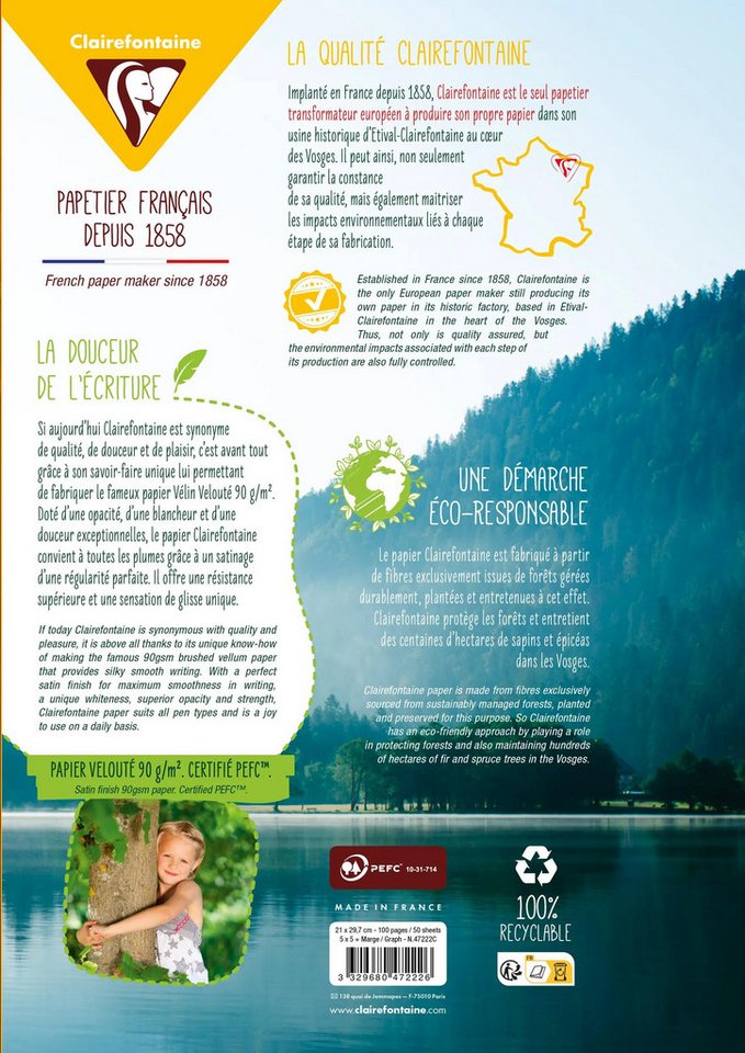 Thumbnail - CLAIREFONTAINE Notizblock 10x Pkg 50 Bl Kanzleibogen gelocht A4, 90g, kariert Rand 47222C, Clairefontaine Metric