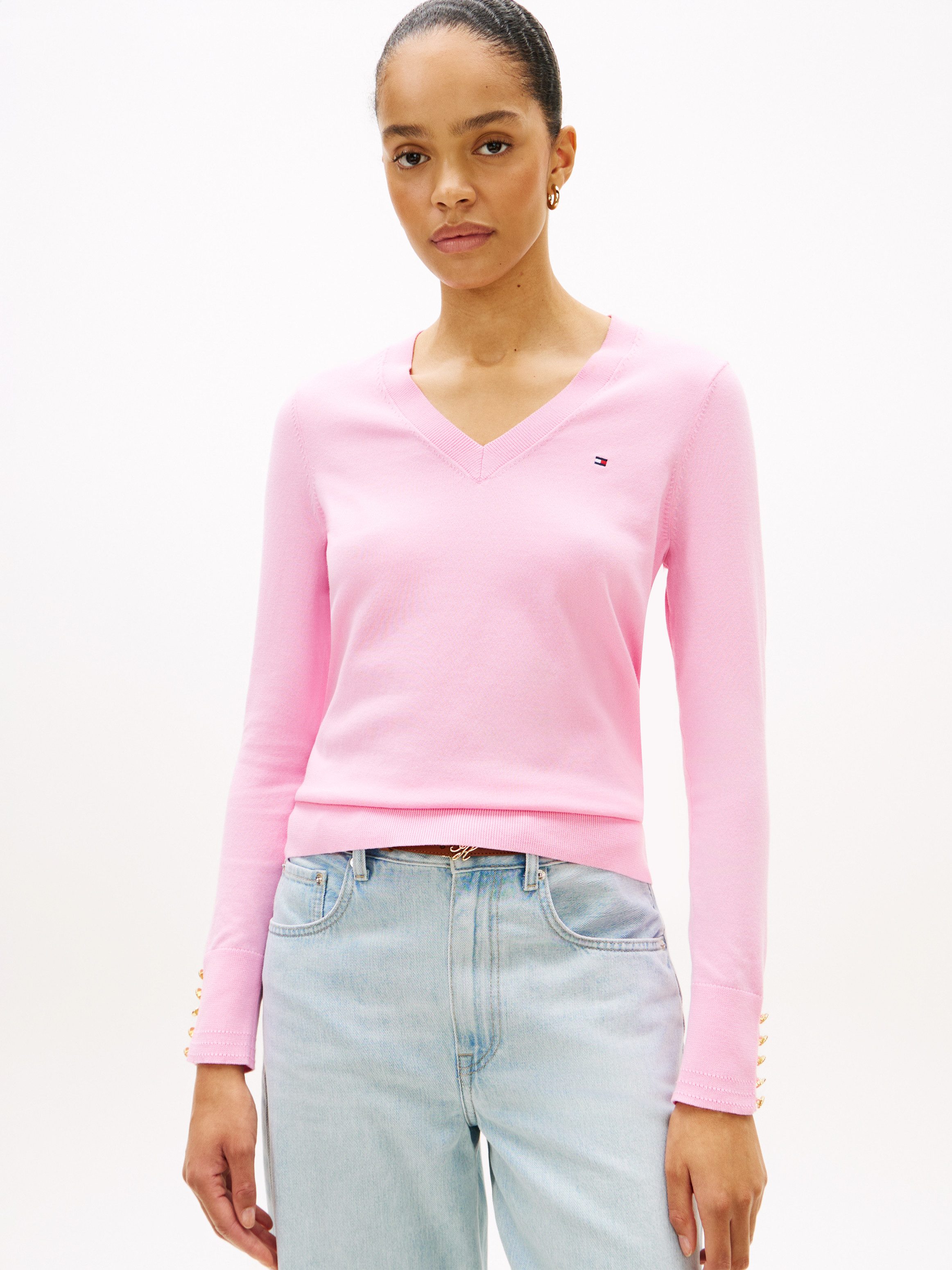Tommy Hilfiger Strickpullover STITCH V-NECK mit Knopfdetail am Ärmel, Regular Fit