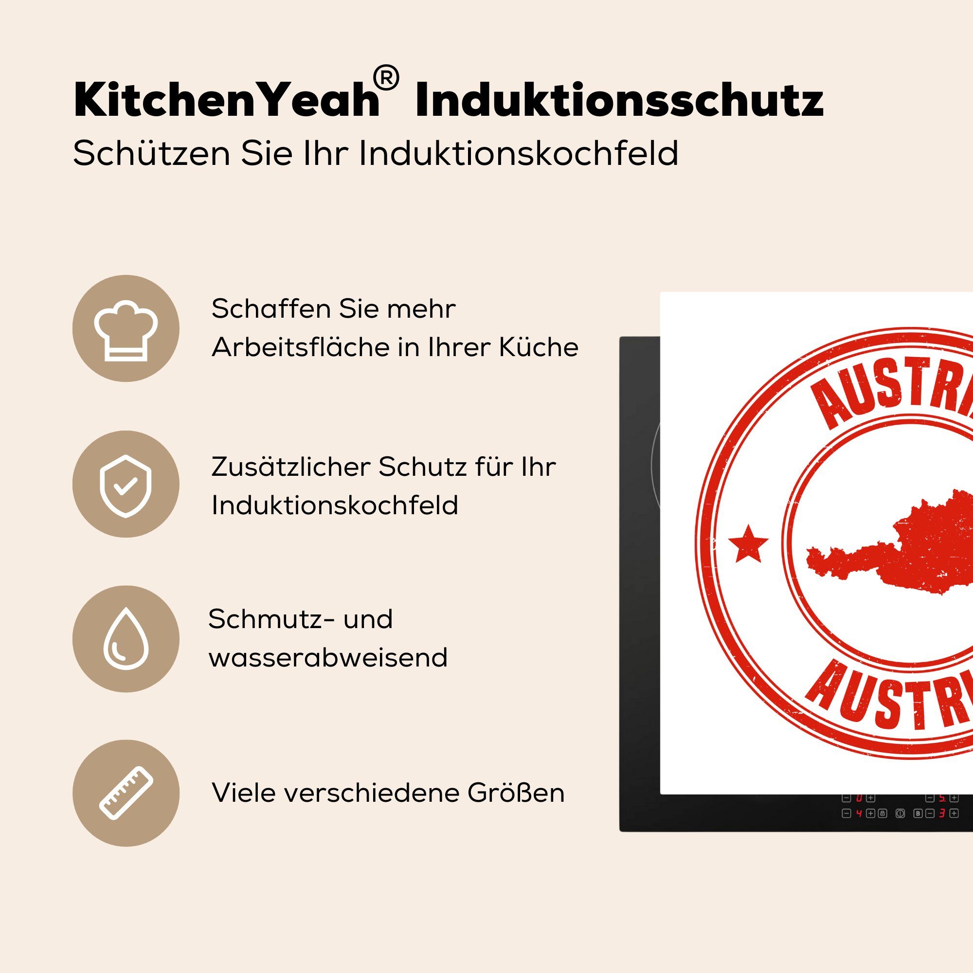 MuchoWow Herdblende-/Abdeckplatte Eine Illustration einer tlg), küche Österreichs, Vinyl, cm, Ceranfeldabdeckung, Arbeitsplatte (1 78x78 roten Briefmarke für