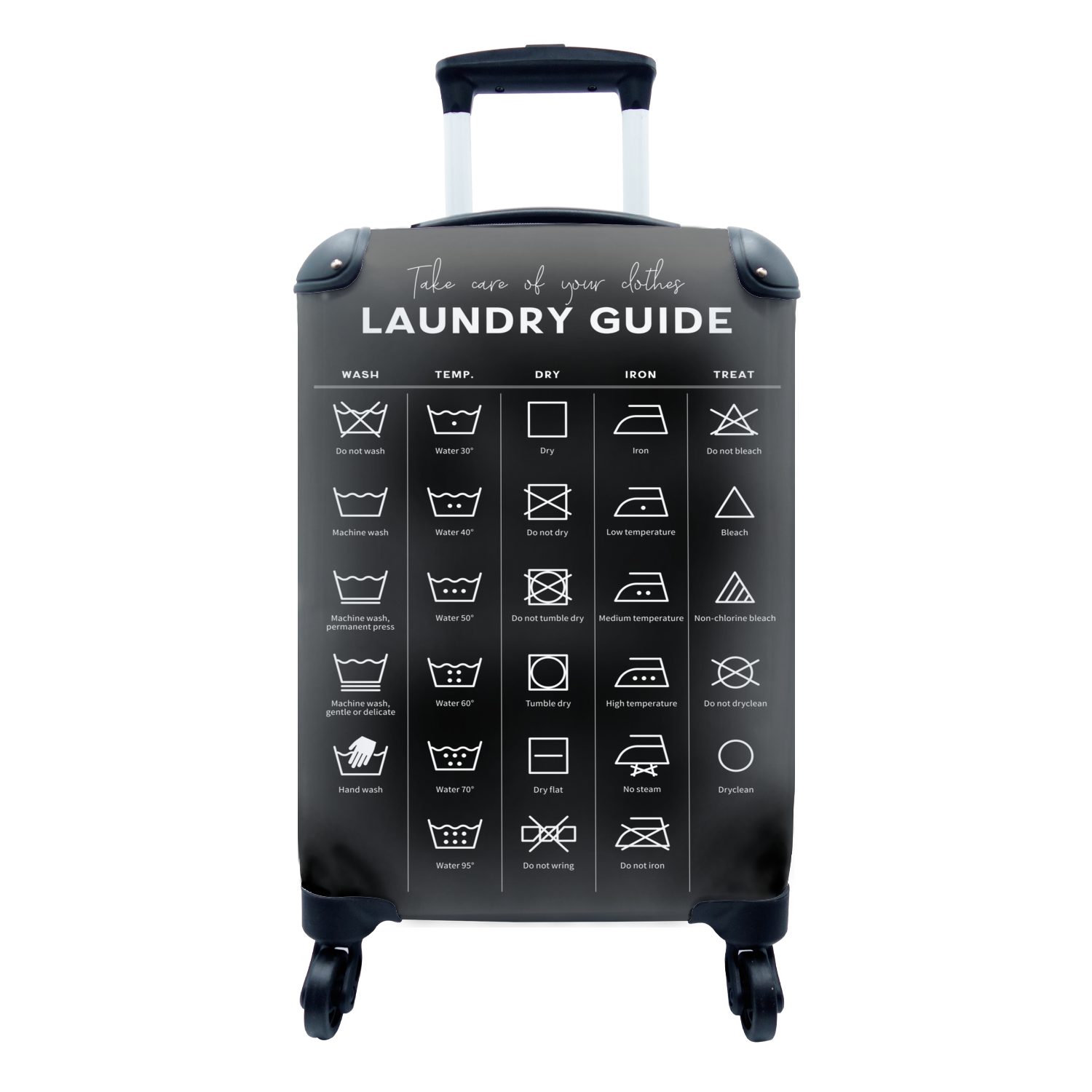 MuchoWow Handgepäckkoffer Pflegesymbole für Textilien - Waschanleitung - Waschmaschine, 4 Rollen, Reisetasche mit rollen, Handgepäck für Ferien, Trolley, Reisekoffer