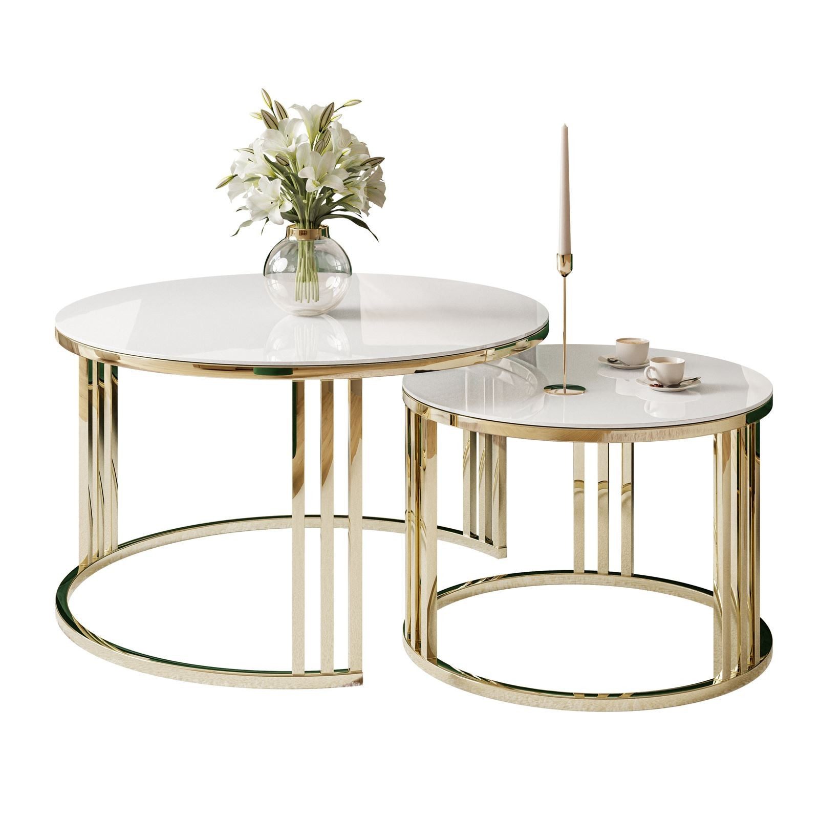 ALLHOUSE24 Couchtisch PEONY 2in1 GLAS runder Couchtisch GOLD Chrom Metallgestell (2er Set), Durchmesser: ⌀70 cm und ⌀50 cm – Bild 4 von 5