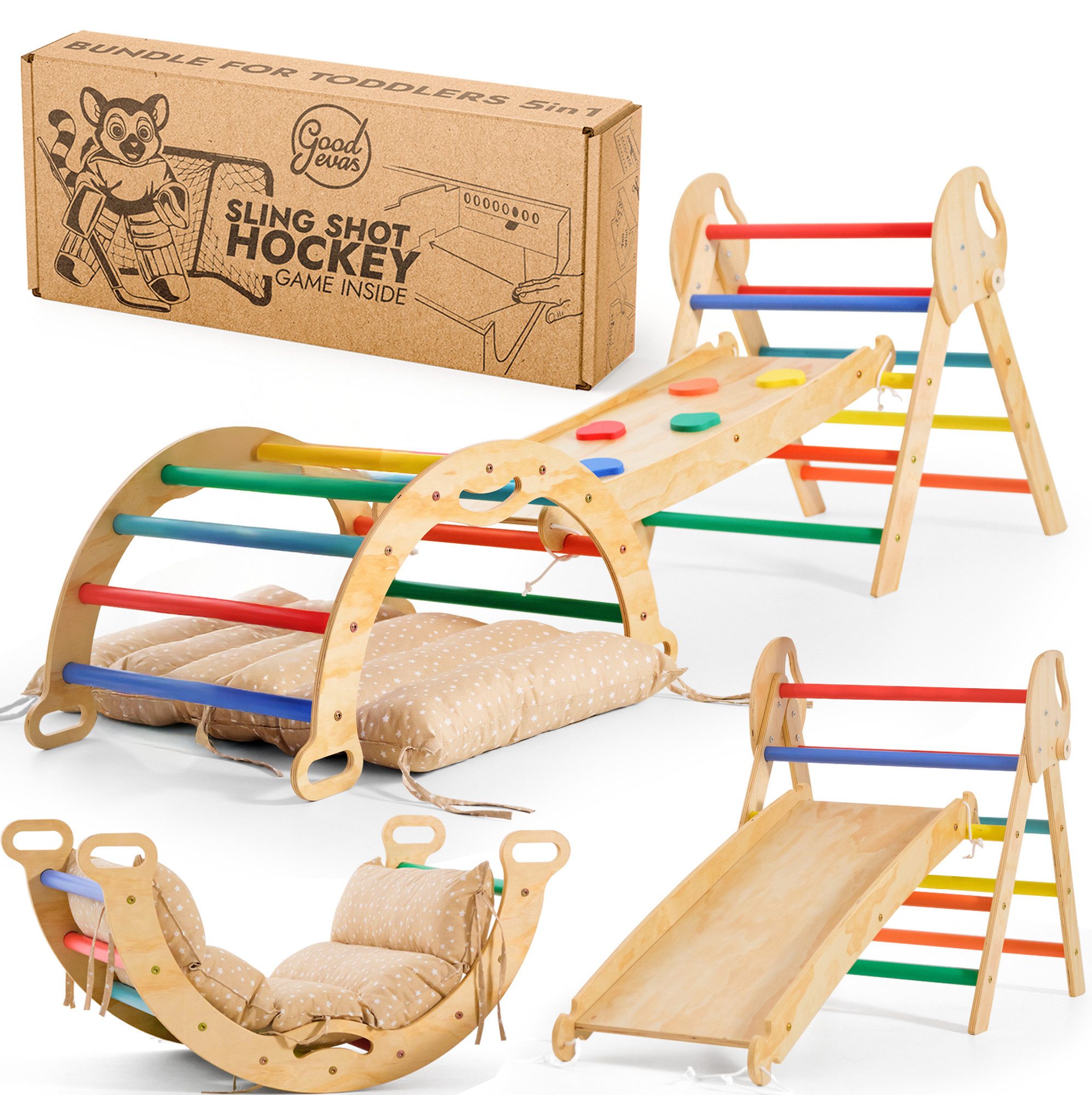Goodevas Klettergerüst 5-in-1 Montessori Holz-Kletter-Set 5in1 für Kleinkinder 1-3 Jahre alt, (5-St., Montessori Holz-Kletter-Set 5in1 & Kunst-Set)