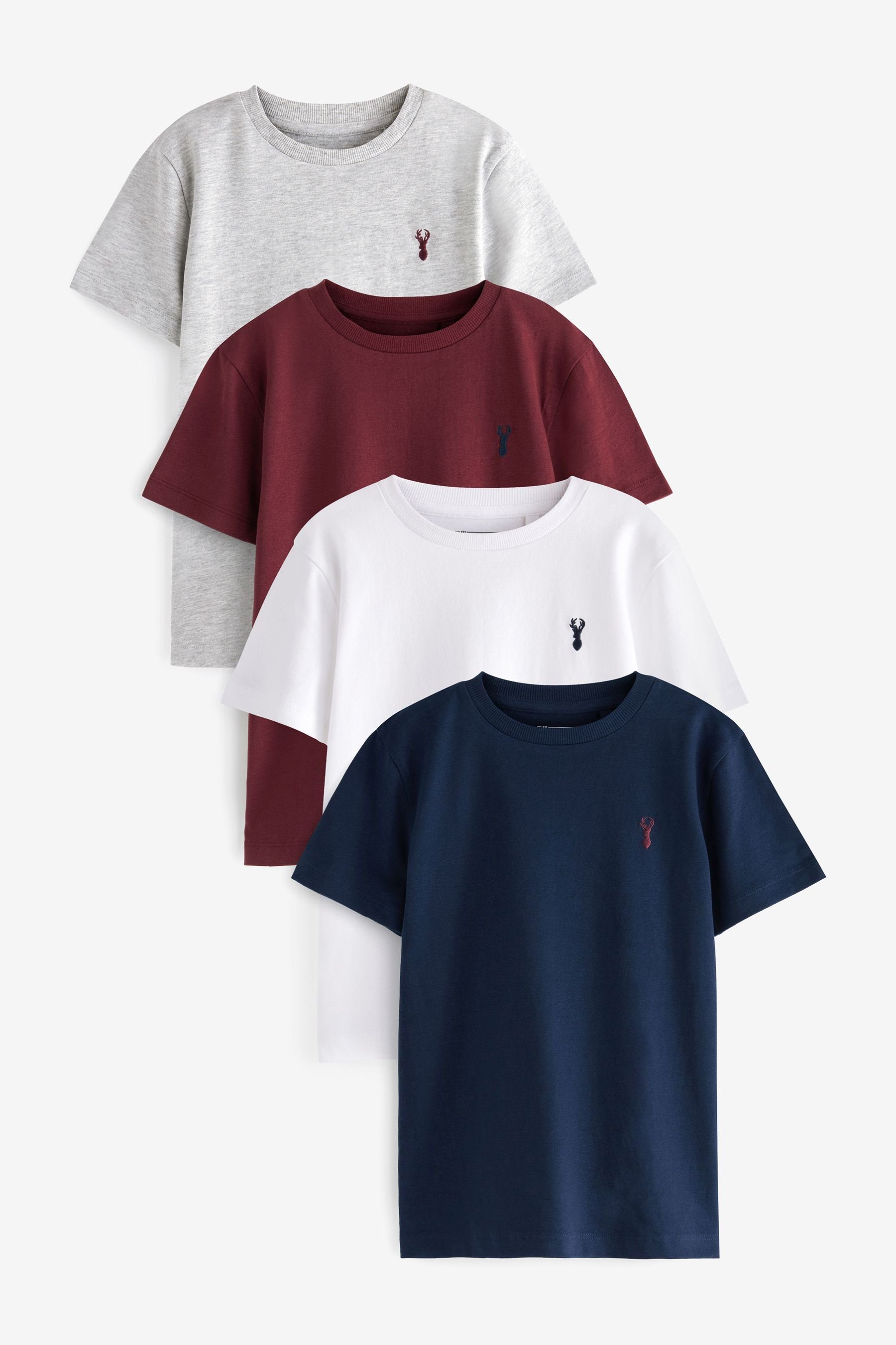 Next T-Shirt 4er-Pack Kurzarm-T-Shirts mit Hirsch-Stickerei (4-tlg) Berry Red/White