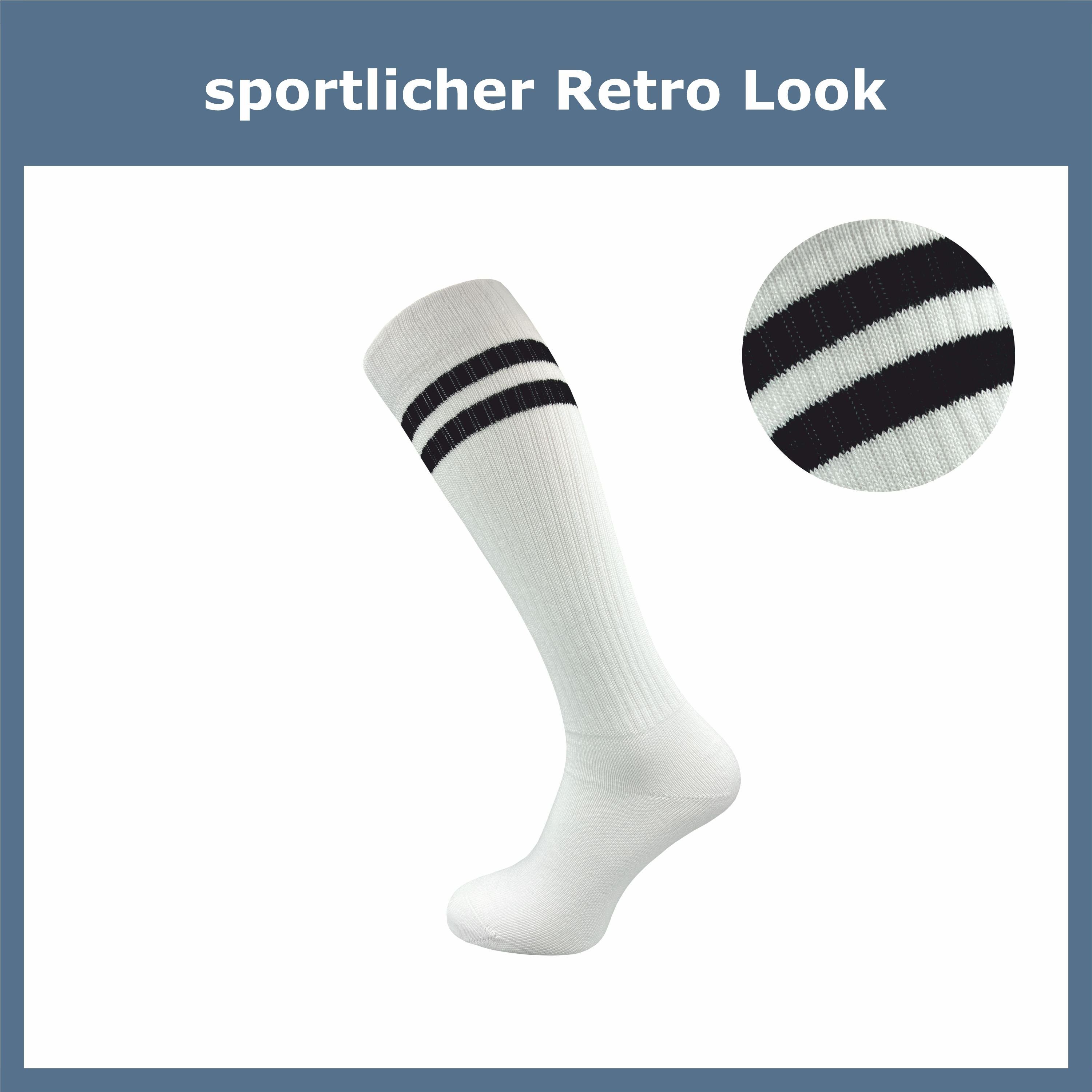 GAWILO Kniestrümpfe Retro für Damen mit Streifen sportlichen weiß auch Knielange schwarz, Look Baumwolle Socken Wandern (2 weiß geeignet stylischen Paar) & Streifen, mit - aus im zum