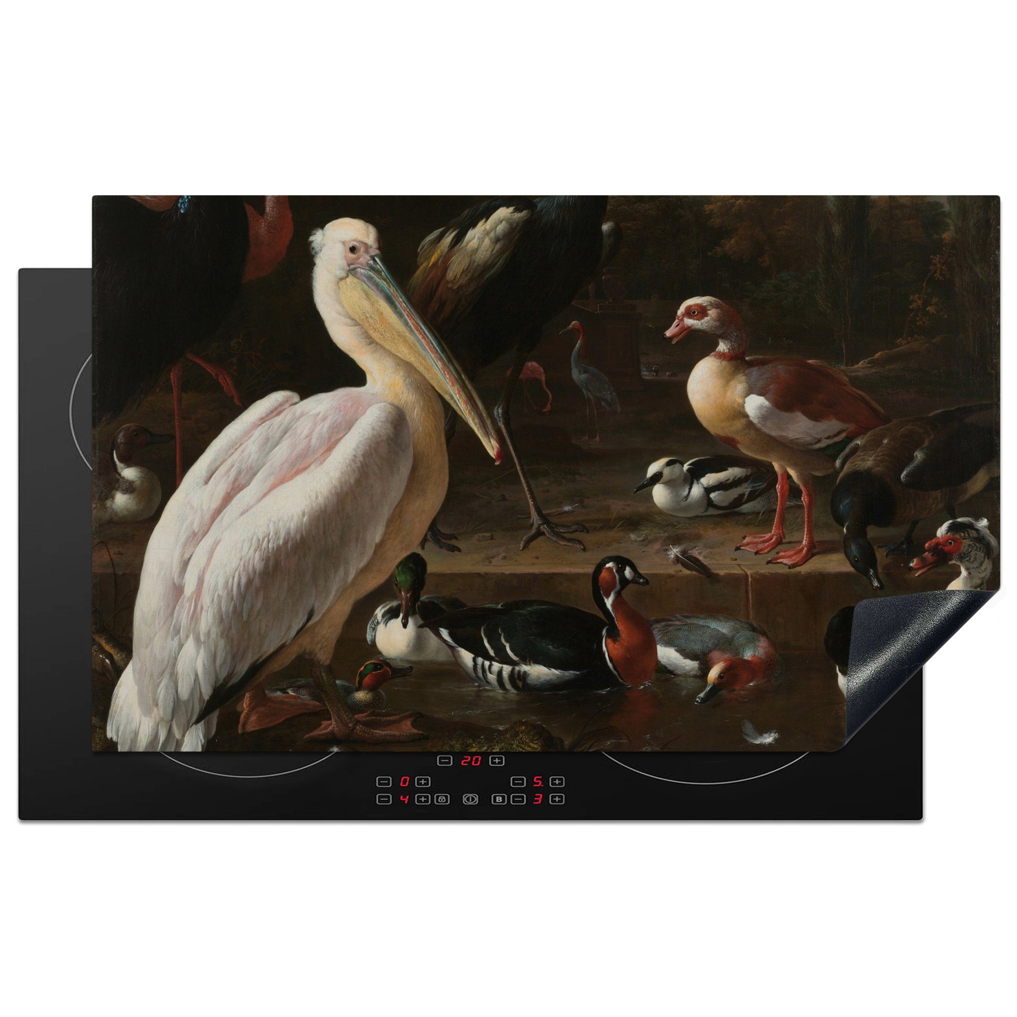 MuchoWow Herdblende-/Abdeckplatte Ein Pelikan und andere Vögel in der Nähe eines Wasserbeckens - Gemälde, Vinyl, (1 tlg), 83x51 cm, Ceranfeldabdeckung, Arbeitsplatte für küche