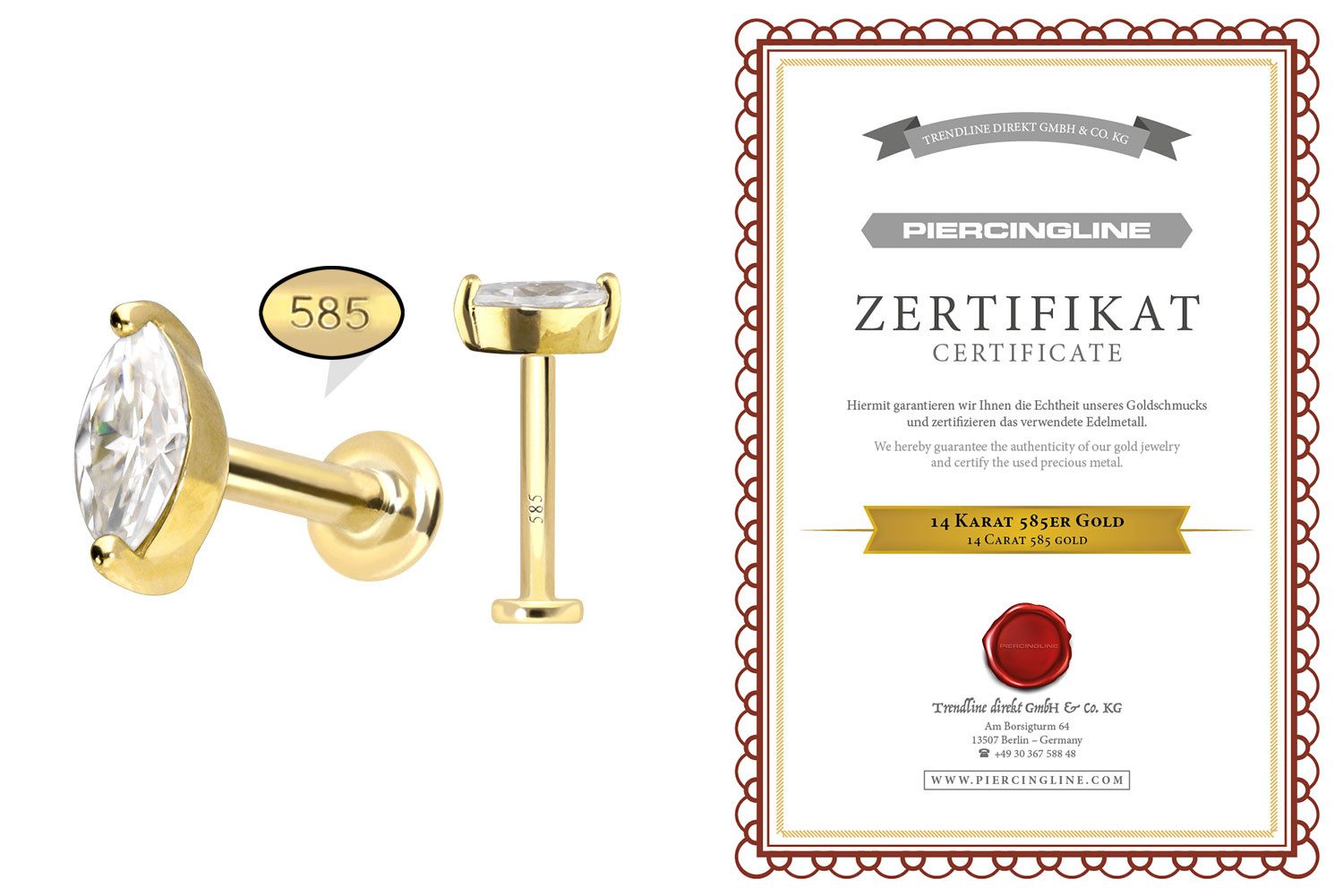 PIERCINGLINE Piercing-Set 14 Karat Gold Labret mit Innengewinde MOISSANIT-OVAL (Labrets, 1-tlg)