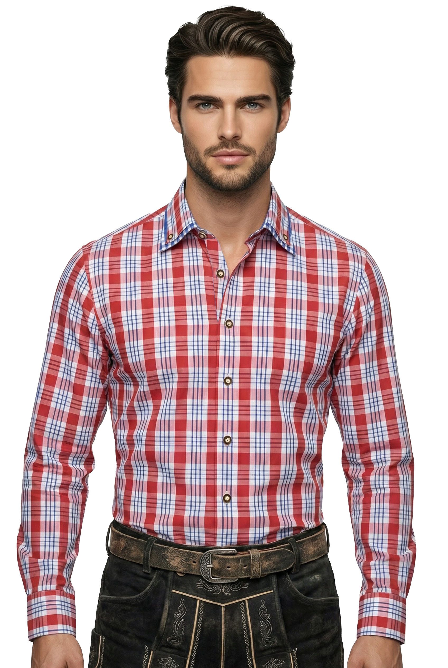 Moschen-Bayern Trachtenhemd Trachtenhemd Herrenhemd SLIM FIT kariert Karo Herrenhemd Langarm Rot