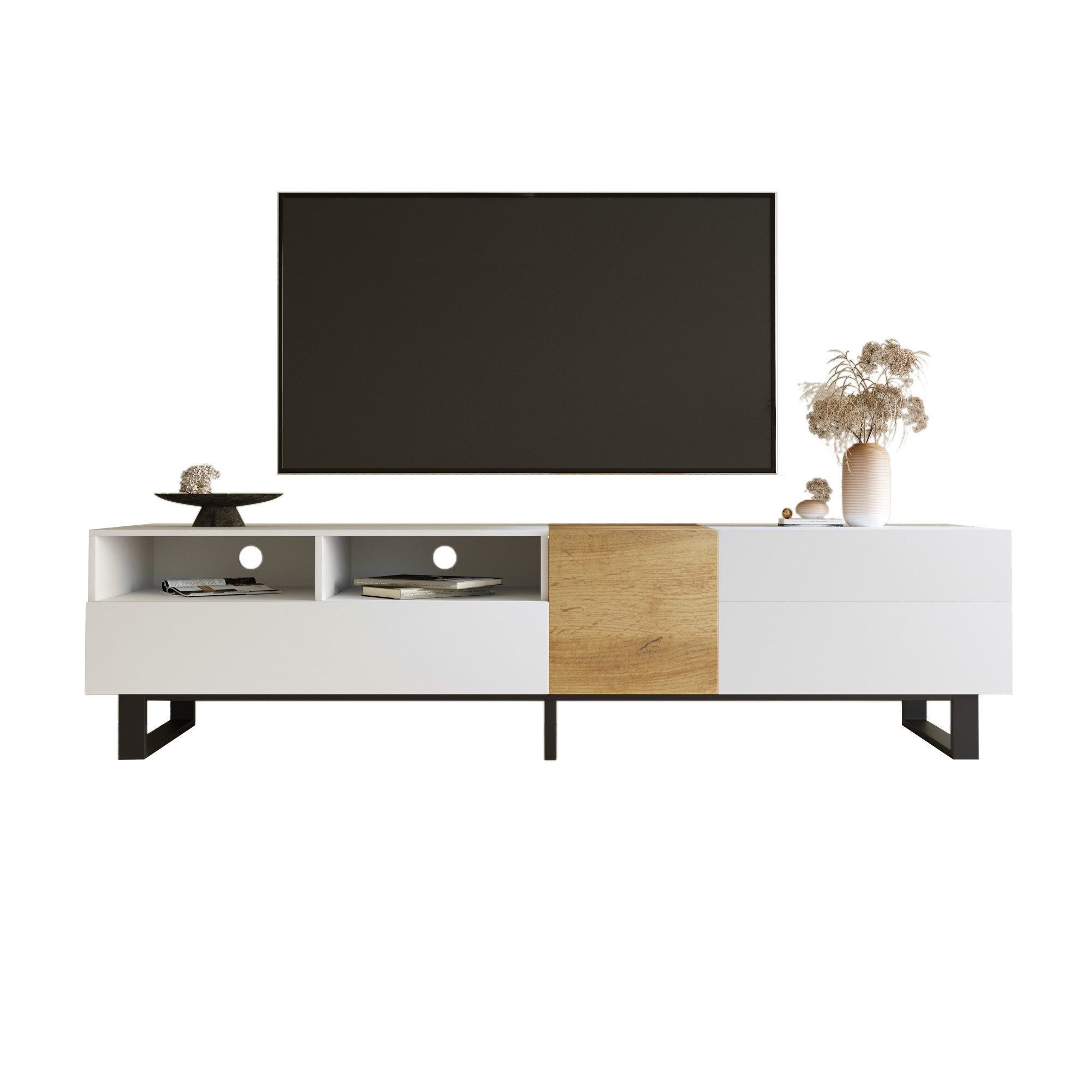 TV-Schrank Fernsehtisch Weiß-Holzoptik, Lowboard, TV-Möbel mit Schubladen