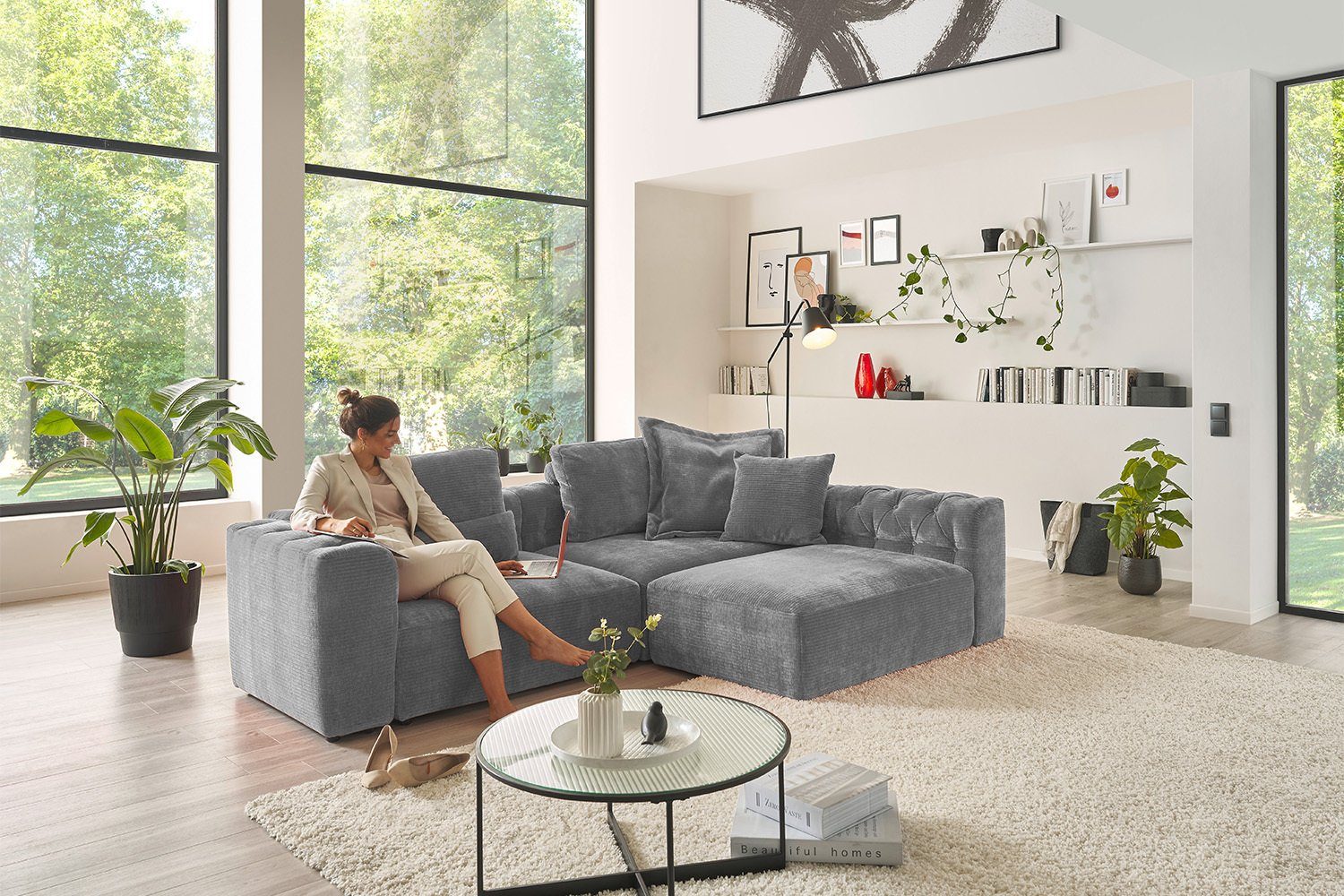KAWOLA Sofa SEPHI, Farben grau Cord 2 verschiedene Modulsofa Vintage