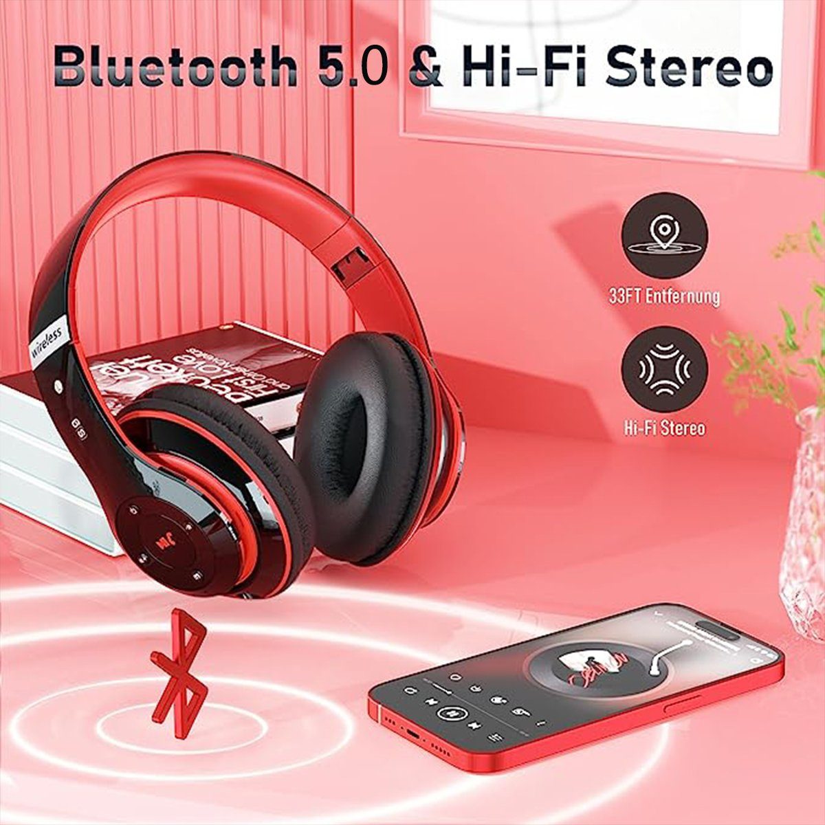 Wireless autolock Std Over-Ear-Kopfhörer Faltbare Headset (mit Spielzeit Rot 40 Kopfhörer) EQ Over-Ear-Kopfhörer Modi 6 Eingebautem Stereo Bluetooth HD-Mikrofon