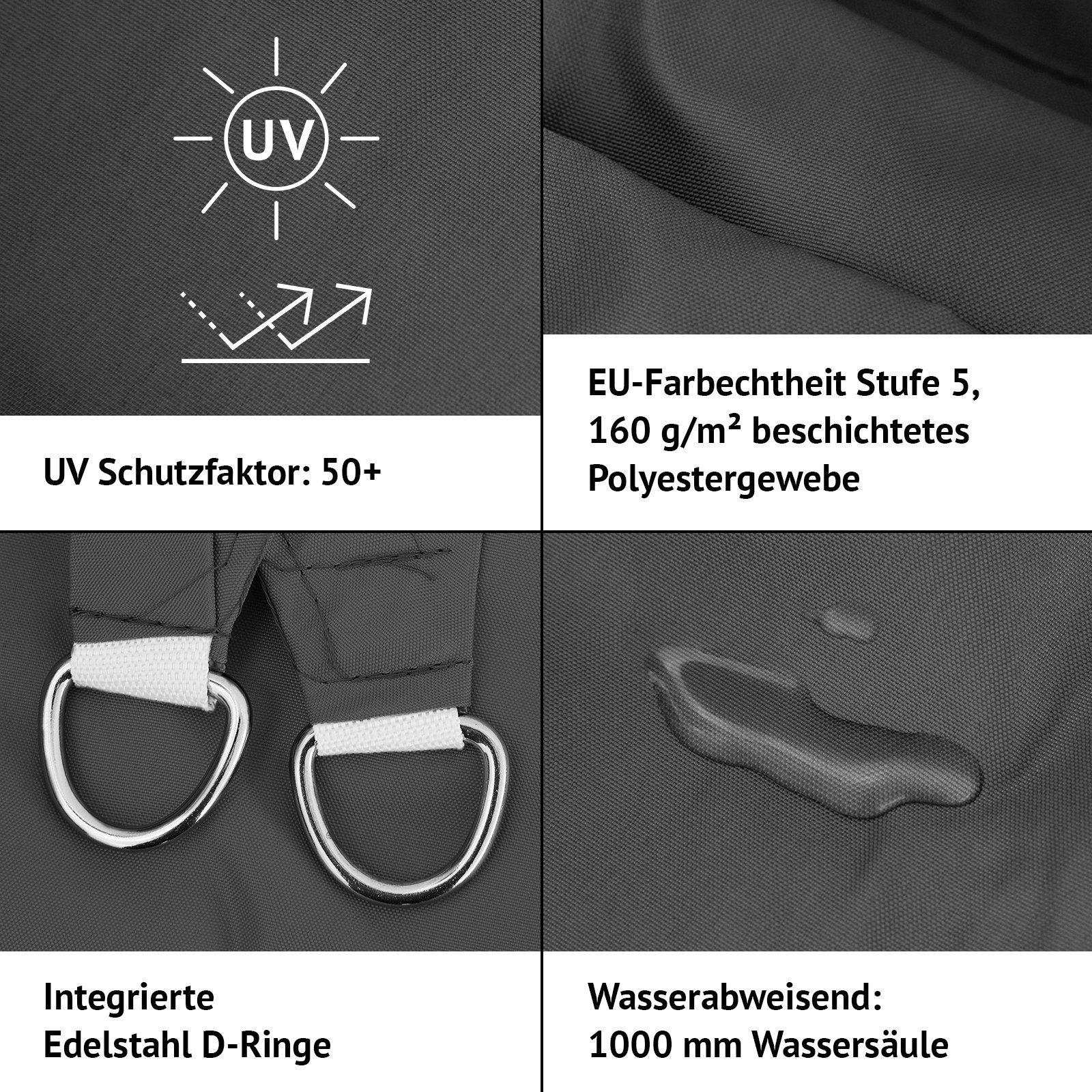 SVITA Sonnensegel, (1tlg), 3,6x3,6x3,6m, UV 50+, Wasserabweisend, Dunkelgrau
