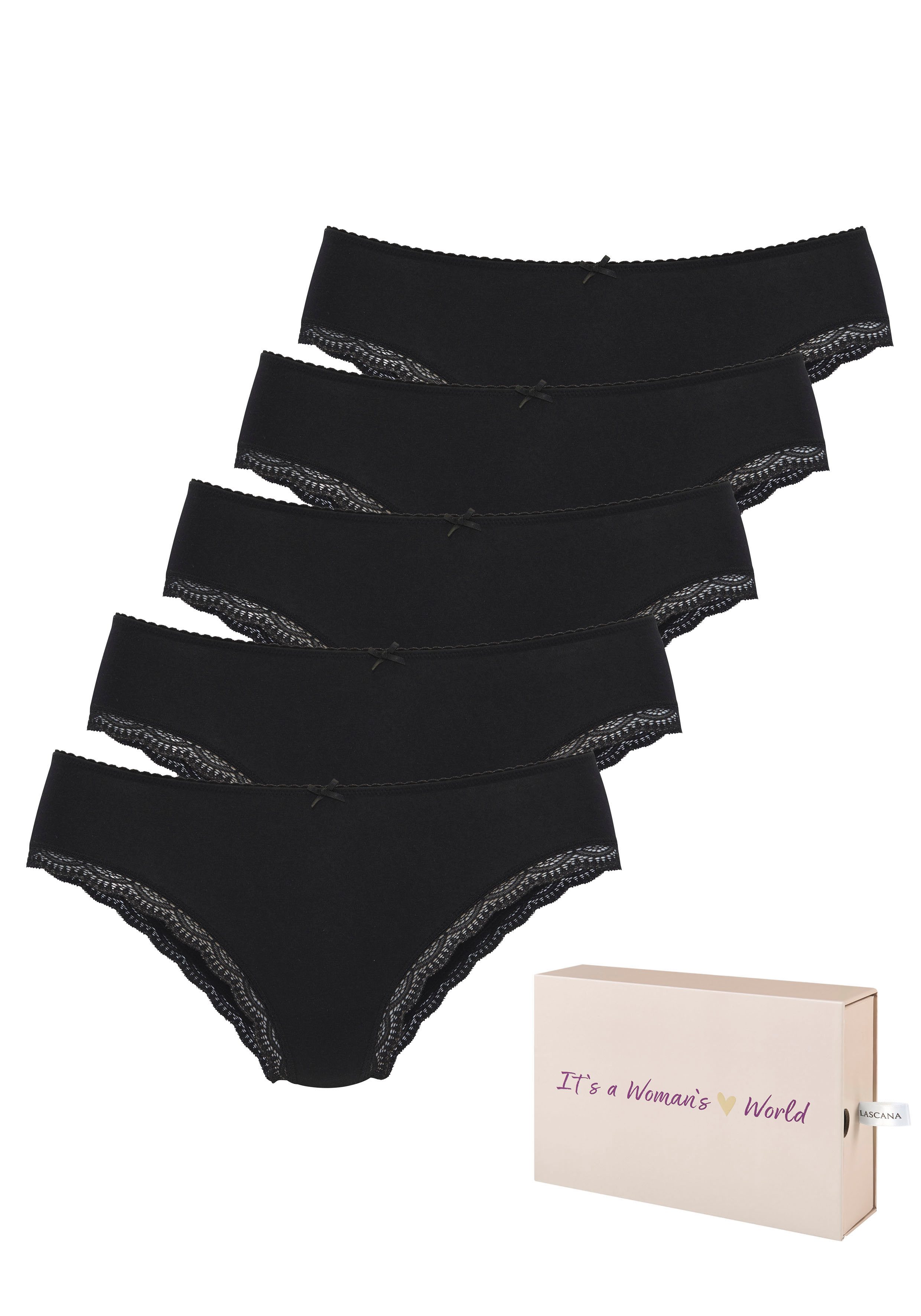 LASCANA Jazz-Pants Slips (5er-Pack) aus elastischer Baumwolle mit zarter Spitze, mit Aufbewahrungsbox