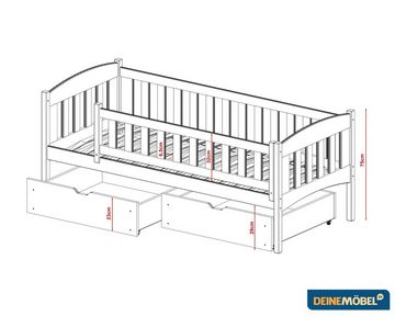 Deine Möbel 24 Kinderbett Einzelbett GUSTAV 90x200 cm in Weiß / Grau aus Massivholz (mit Schubladen, Lattenrost und Rausfallschutz), mit abnehmbarem Rausfallschutz, aus Massivholz / Vollholz