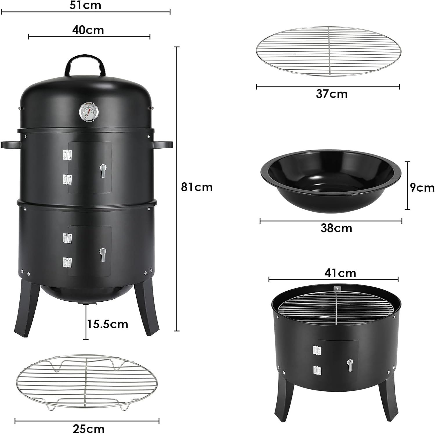 TLGREEN Smoker Räucherofen, 3 in 1 Smoker Grill, Holzkohlegrill, Räuchertonne Räuchergrill Watersmoker, Ø44,5x80 cm – Bild 5 von 5