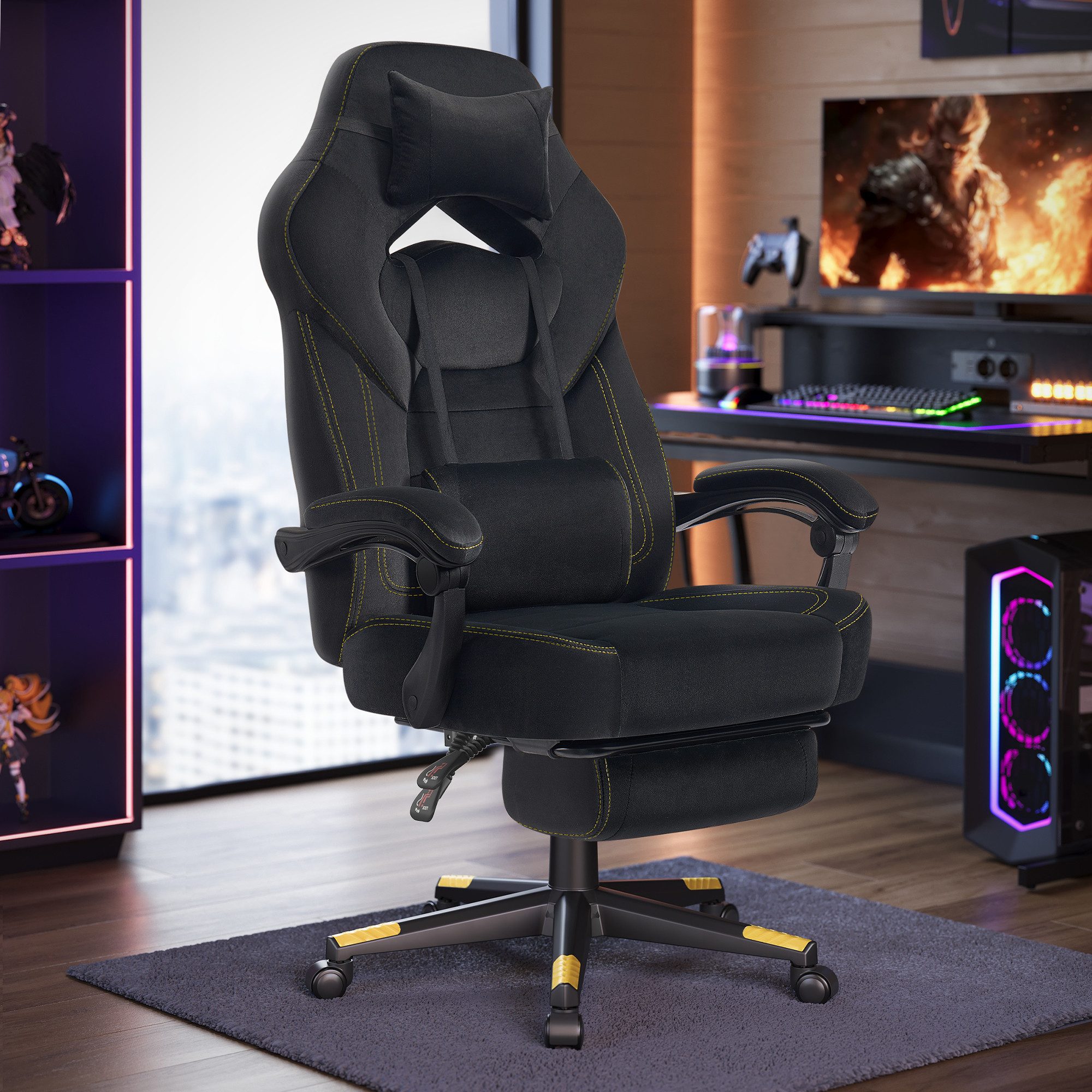 SONGMICS Bürostuhl Gaming-Stuhl, Computerstuhl ergonomischer, bis 150 kg belastbar, mit ausziehbarer Fußstütze, verstellbarem Kopfkissen und Lendenkissen – Bild 3 von 5