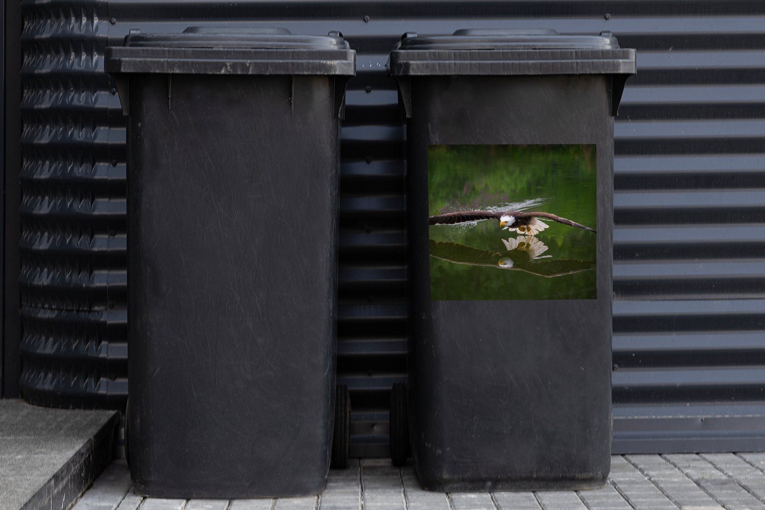 Wasser niedrig Mülltonne, Container, MuchoWow St), sehr Weißkopfseeadler Abfalbehälter Sticker, Wandsticker über fliegt (1 dem Mülleimer-aufkleber, Ein