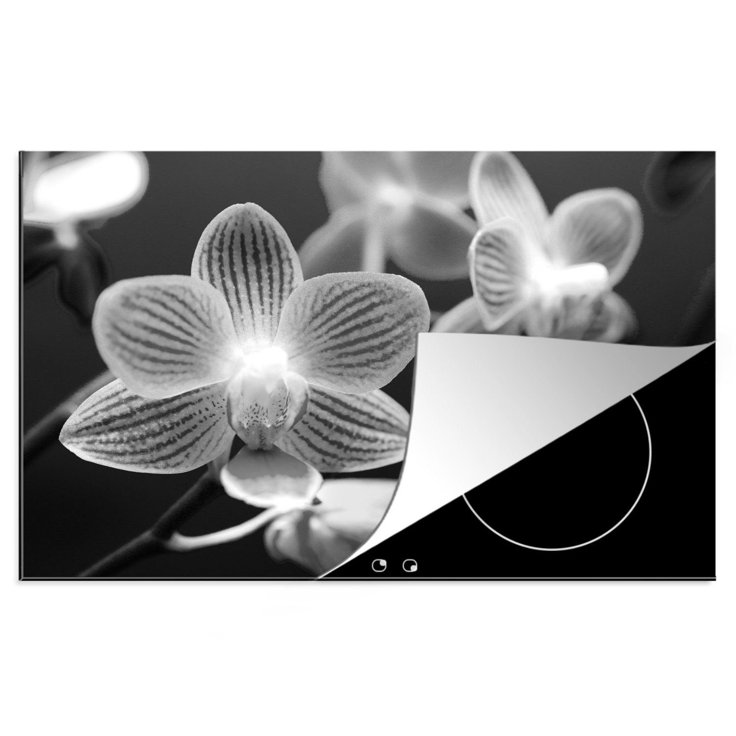 MuchoWow Herdblende-/Abdeckplatte Orchideenblüte - schwarz (1 Induktionskochfeld und die 81x52 Vinyl, tlg), küche, Schutz für weiß, cm, Ceranfeldabdeckung