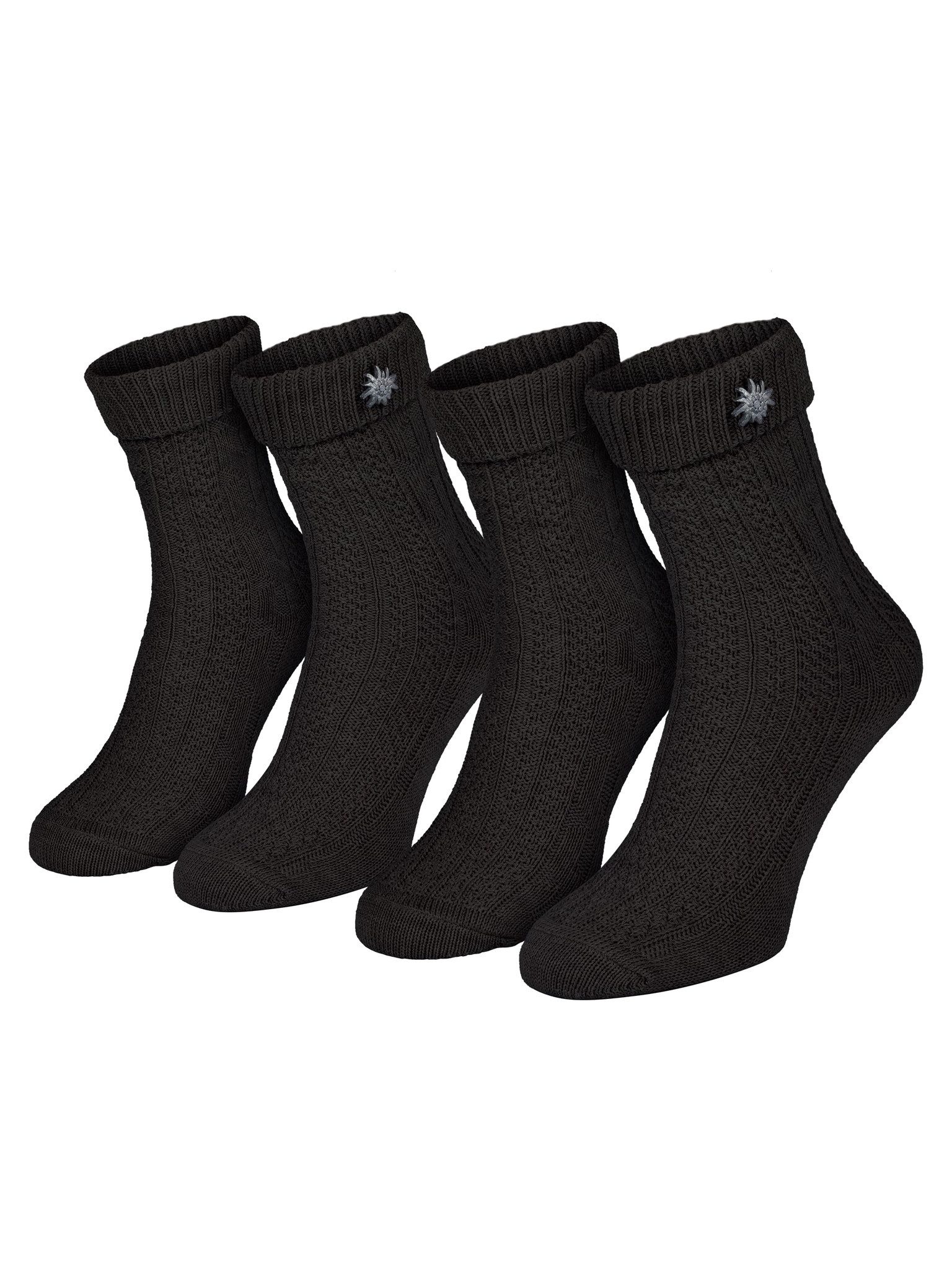 Black Snake Trachtensocken Kurze Damen und Herren Schoppersocken mit Edelweiß-Pin und Zopfmuster (Socken-Set, 2-Paar, Schwarz 43/46) Umschlagbund aus Baumwollmix mit abnehmbarem Anstecker zur Lederhose