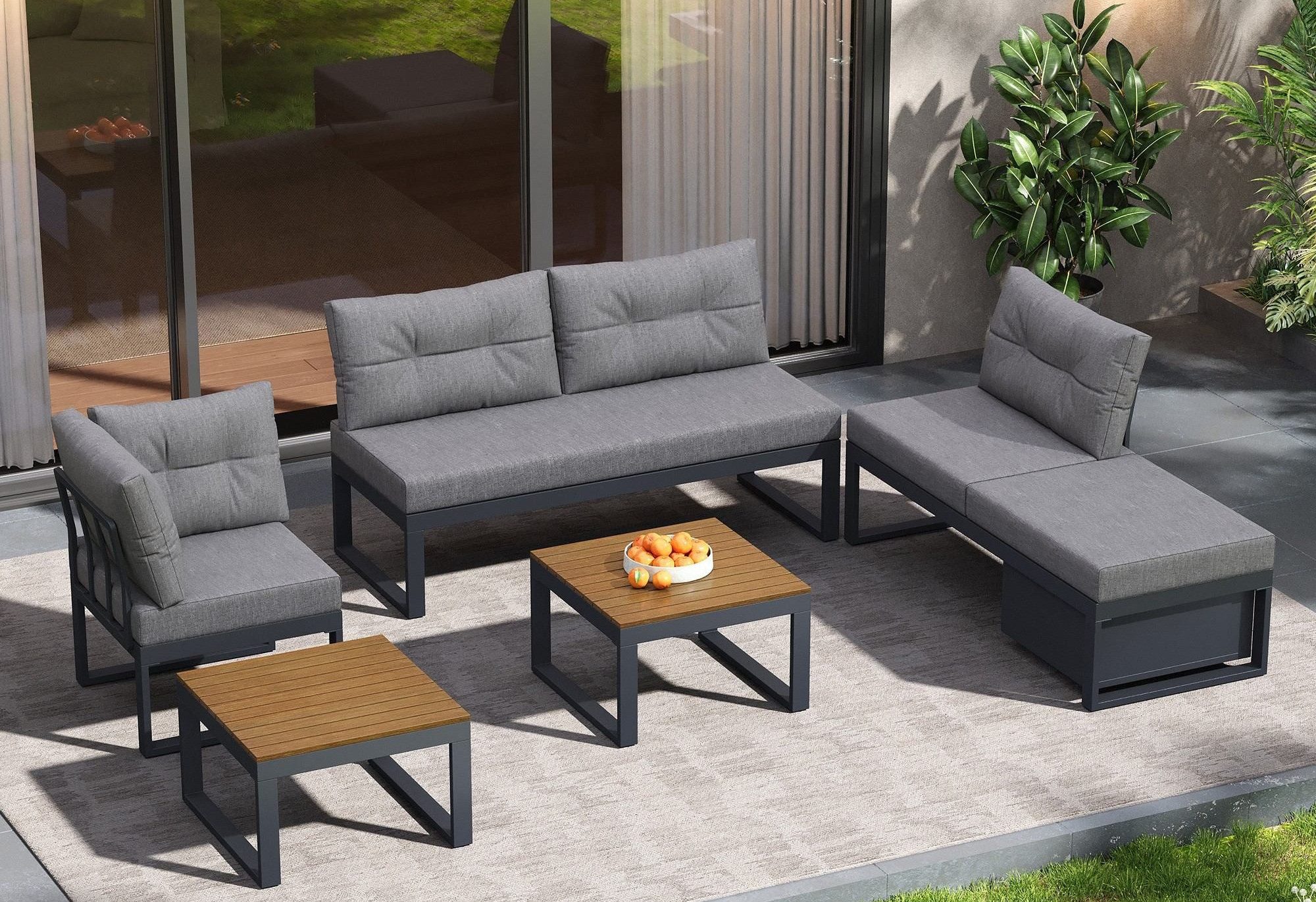 LVHOM Gartenlounge-Set kombinierbar L-/U-Form Gartenmöbel Set, XXL Metall Ecksofa, gepolstert, (1xSessel, 2x2er-Sofa(1x mit Stauraum/3-stufiger Liegefunktion), 2xTische(auch als Sitz/Hocker nutzbar), 5-tlg., Impragnierter Holz -Tischplatte, rostfrei, UV-beständig, wasserdicht), In-/Outdoor, Garten/ Wohnzimmer/ Terrassen/Pool, Hotellobbys/Ruhezonen
