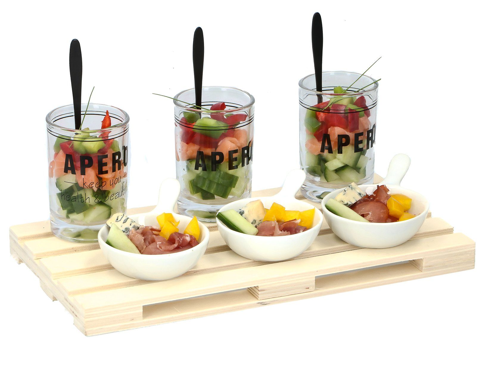 Bubble-Store Snackschale 10-teiliges Servier Set, Holz, Glas, Keramik, (Tablett, Schalen, Gläser), Snackschale Vorspeisen Set