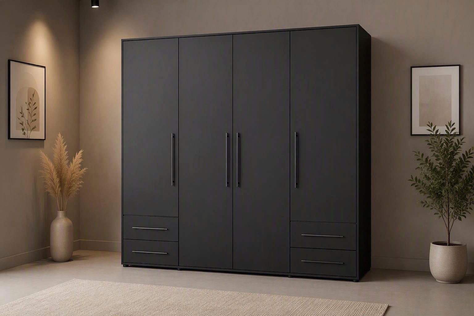 FORTE Kleiderschrank Mokkaris, Garderobe, zeitloses Design, 4 Türen, Made in Europe (B/H/T ca. 206x200x59cm) Zwei Schubladen, schwarze Stangengriffe, Stauraum, auch in Schwarz