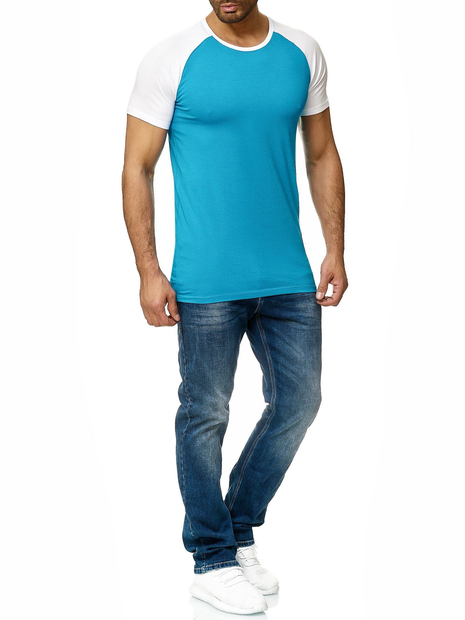 modischem Kurzarmshirt Türkis Polo (Shirt Weiss Freizeit Casual T-Shirt im Tee, 1302C Fitness OneRedox Design) 1-tlg.,